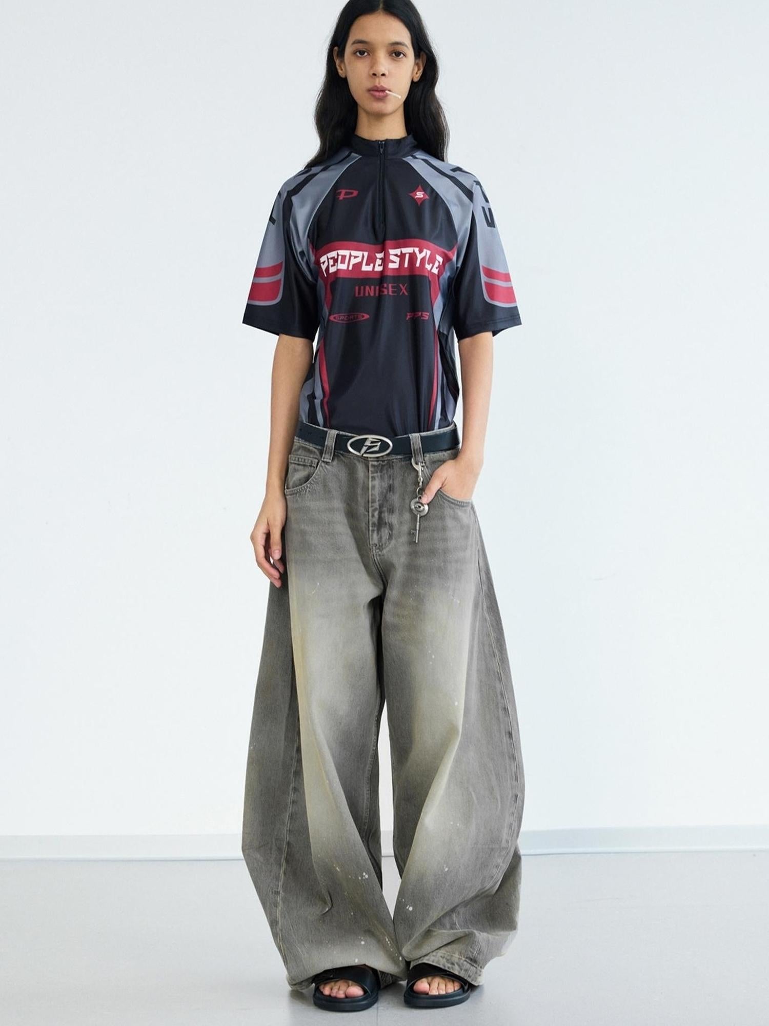 Peoplesense Ink Wash Gray Wide Leg Jeans Loose Fit 3 D Cotton
