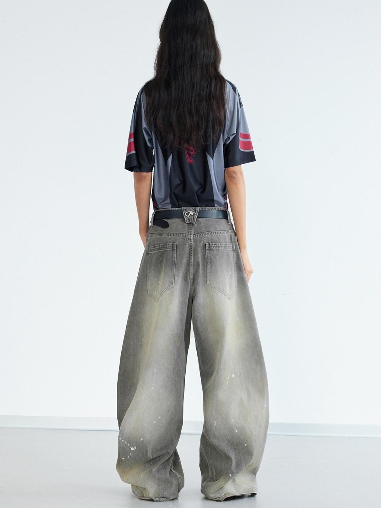 Peoplesense Ink Wash Gray Wide Leg Jeans Loose Fit 3 D Cotton