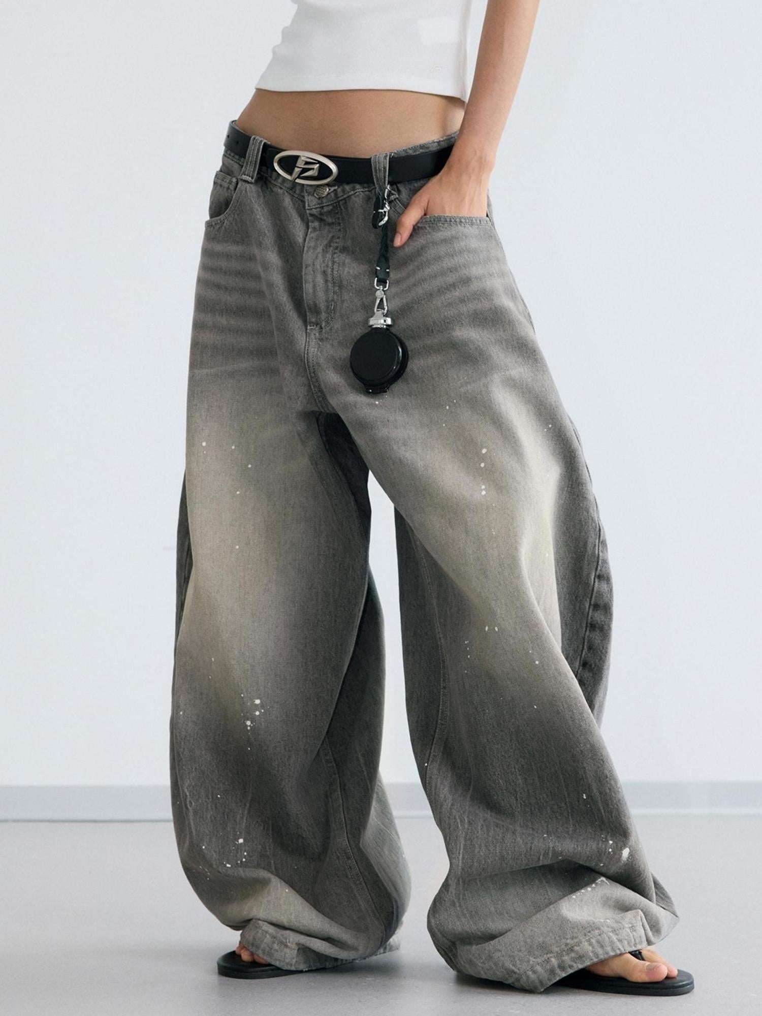 Peoplesense Ink Wash Gray Wide Leg Jeans Loose Fit 3 D Cotton