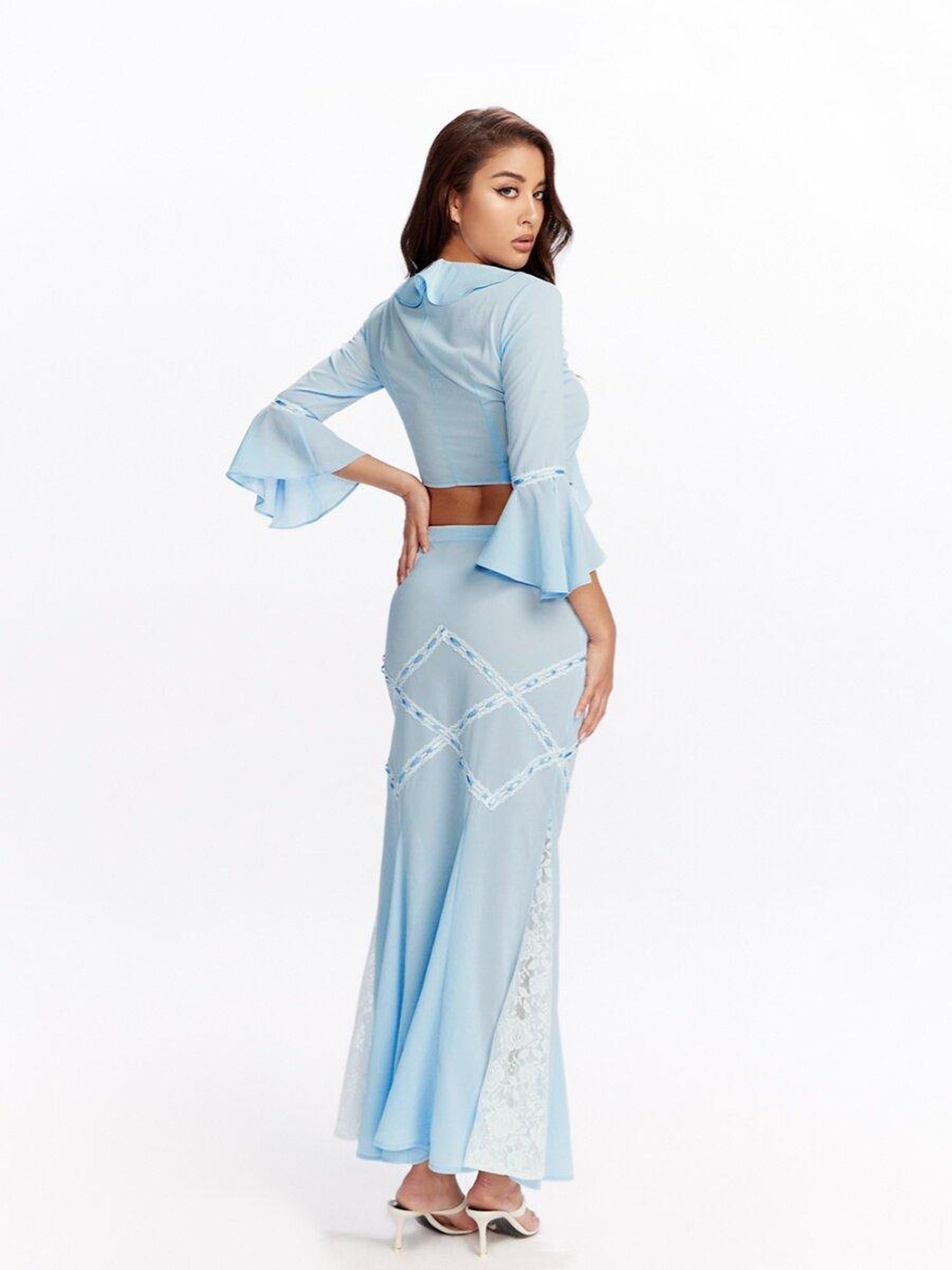 JYOSEI 96 Percent Polyester Two Piece V-ceck Women Blouse Skirt Suits