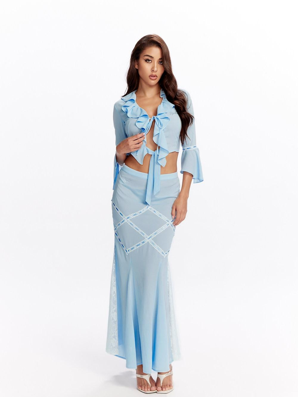 JYOSEI 96 Percent Polyester Two Piece V-ceck Women Blouse Skirt Suits