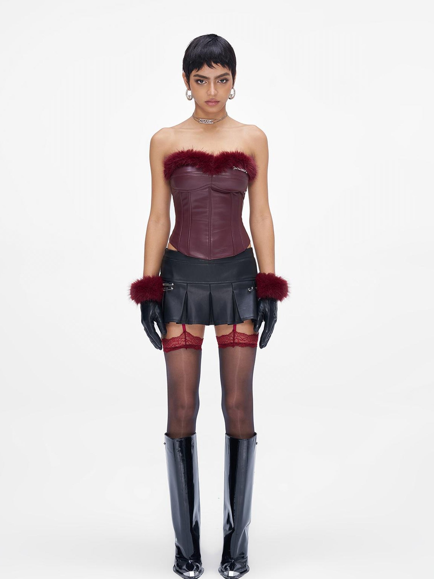 JYOSEI Angora Fishbone Bustier Top With Red And Black Fur Trim