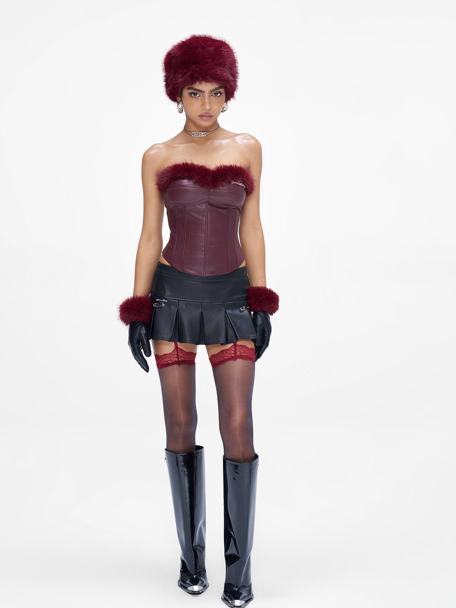 JYOSEI Angora Fishbone Bustier Top With Red And Black Fur Trim