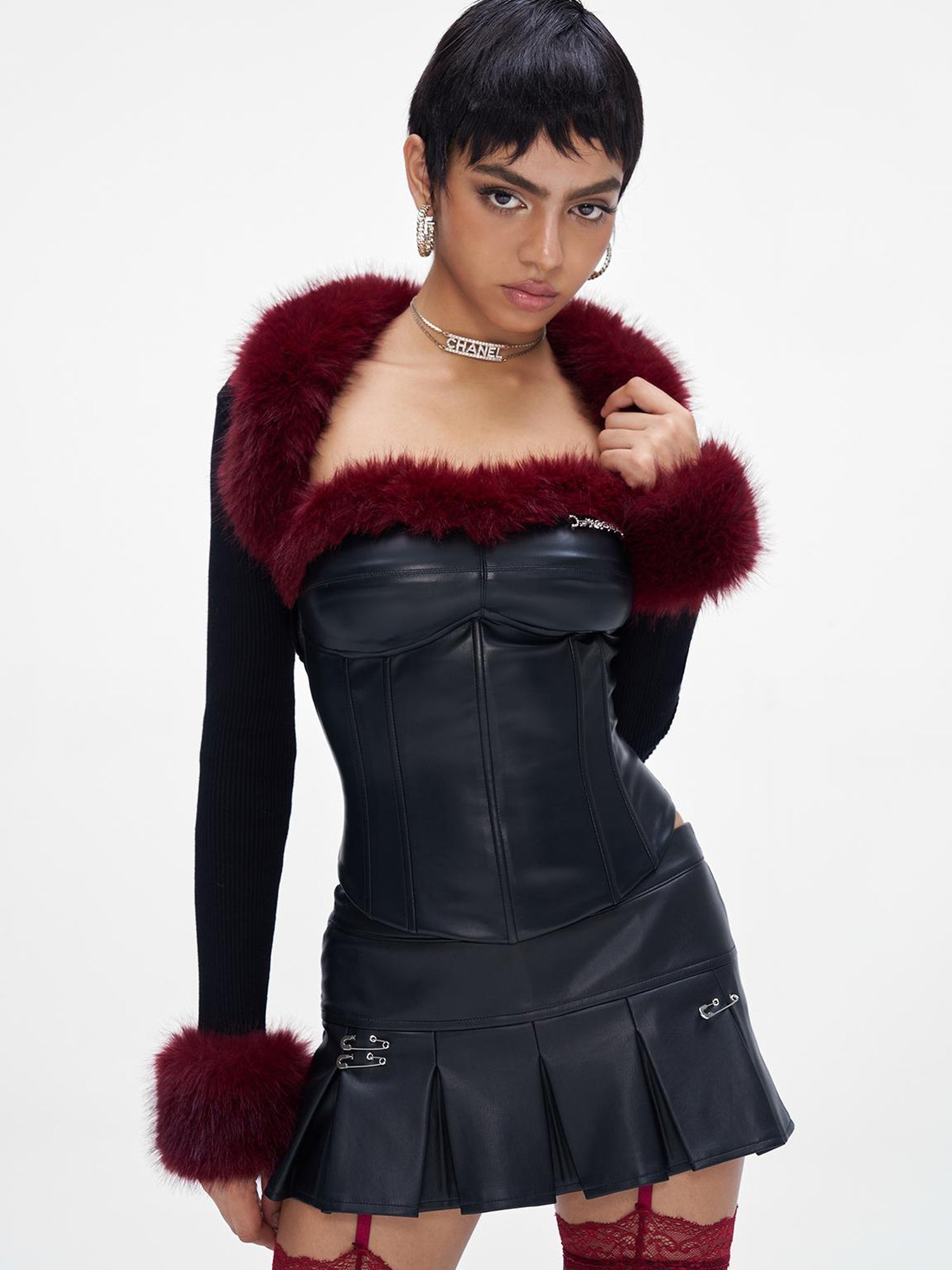 JYOSEI Angora Fishbone Bustier Top With Red And Black Fur Trim