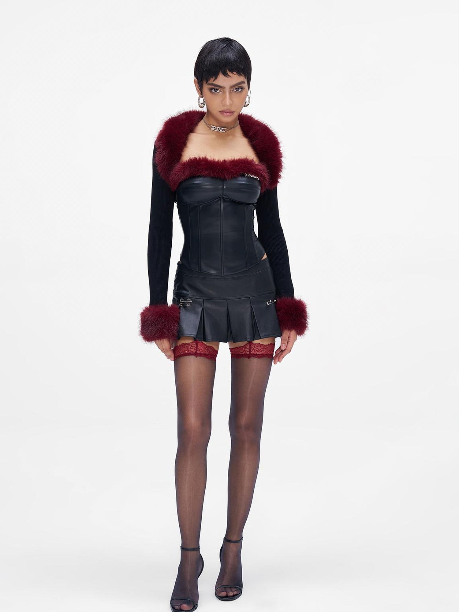 JYOSEI Angora Fishbone Bustier Top With Red And Black Fur Trim