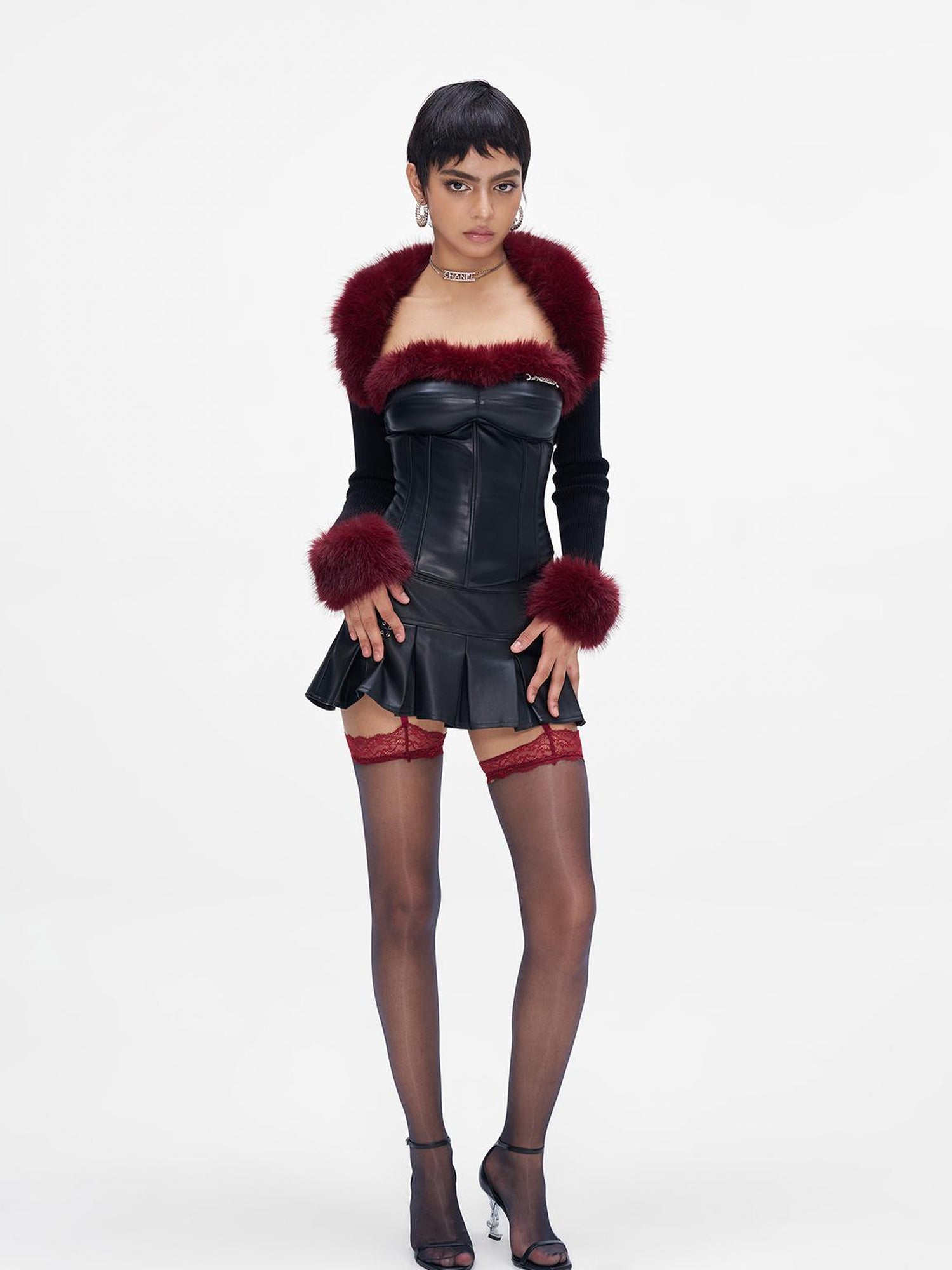 JYOSEI Angora Fishbone Bustier Top With Red And Black Fur Trim