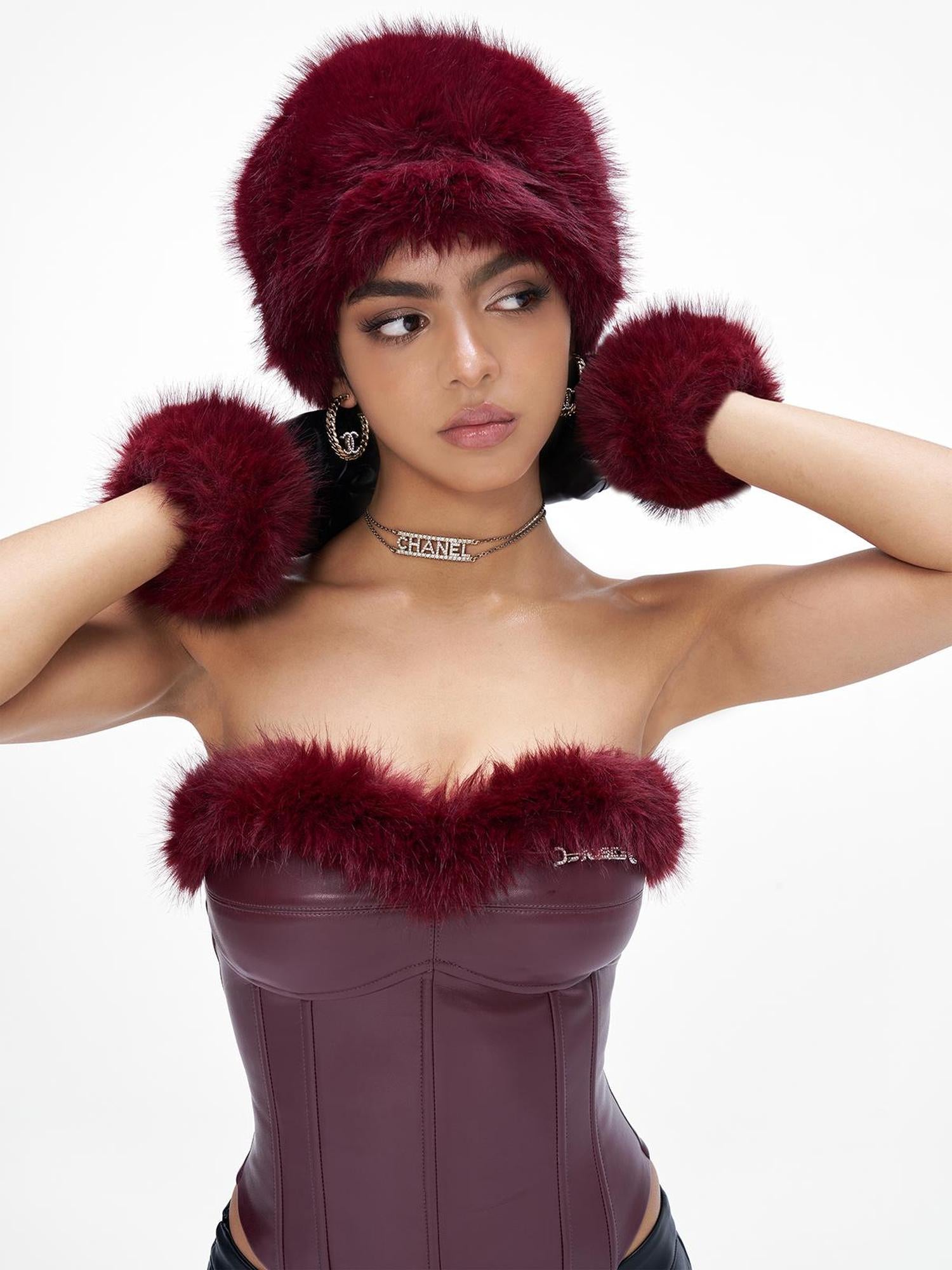 JYOSEI Angora Fishbone Bustier Top With Red And Black Fur Trim