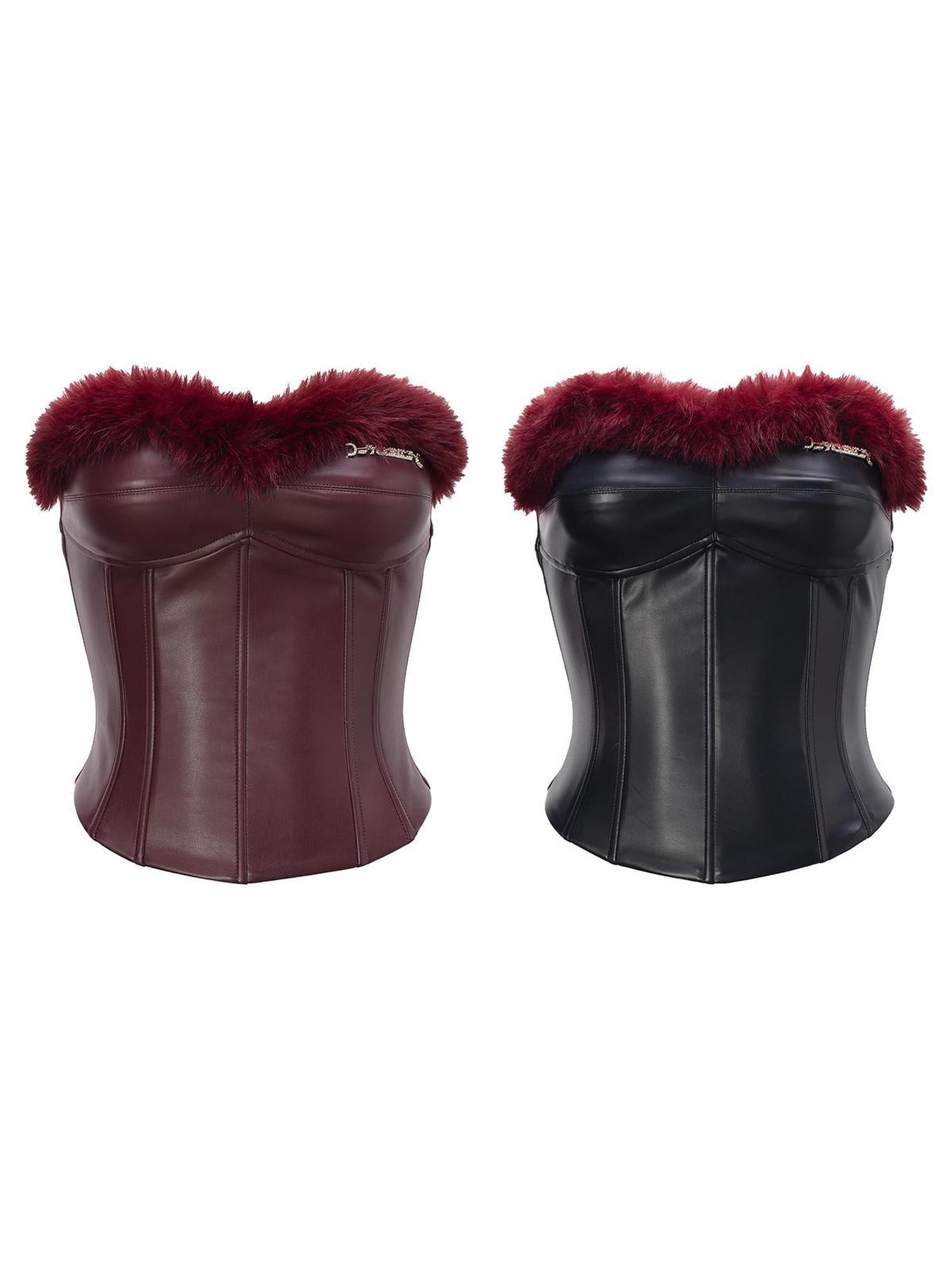 JYOSEI Angora Fishbone Bustier Top With Red And Black Fur Trim