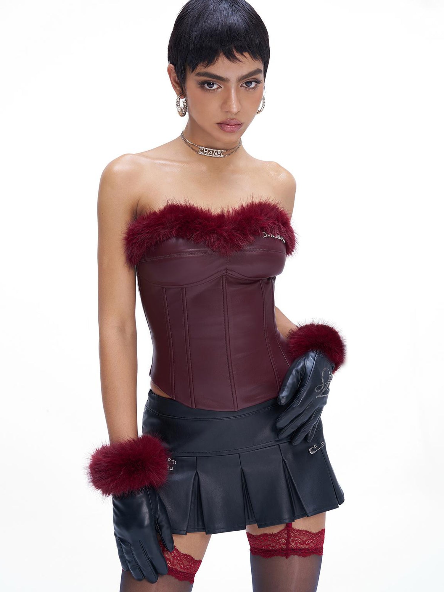 JYOSEI Angora Fishbone Bustier Top With Red And Black Fur Trim