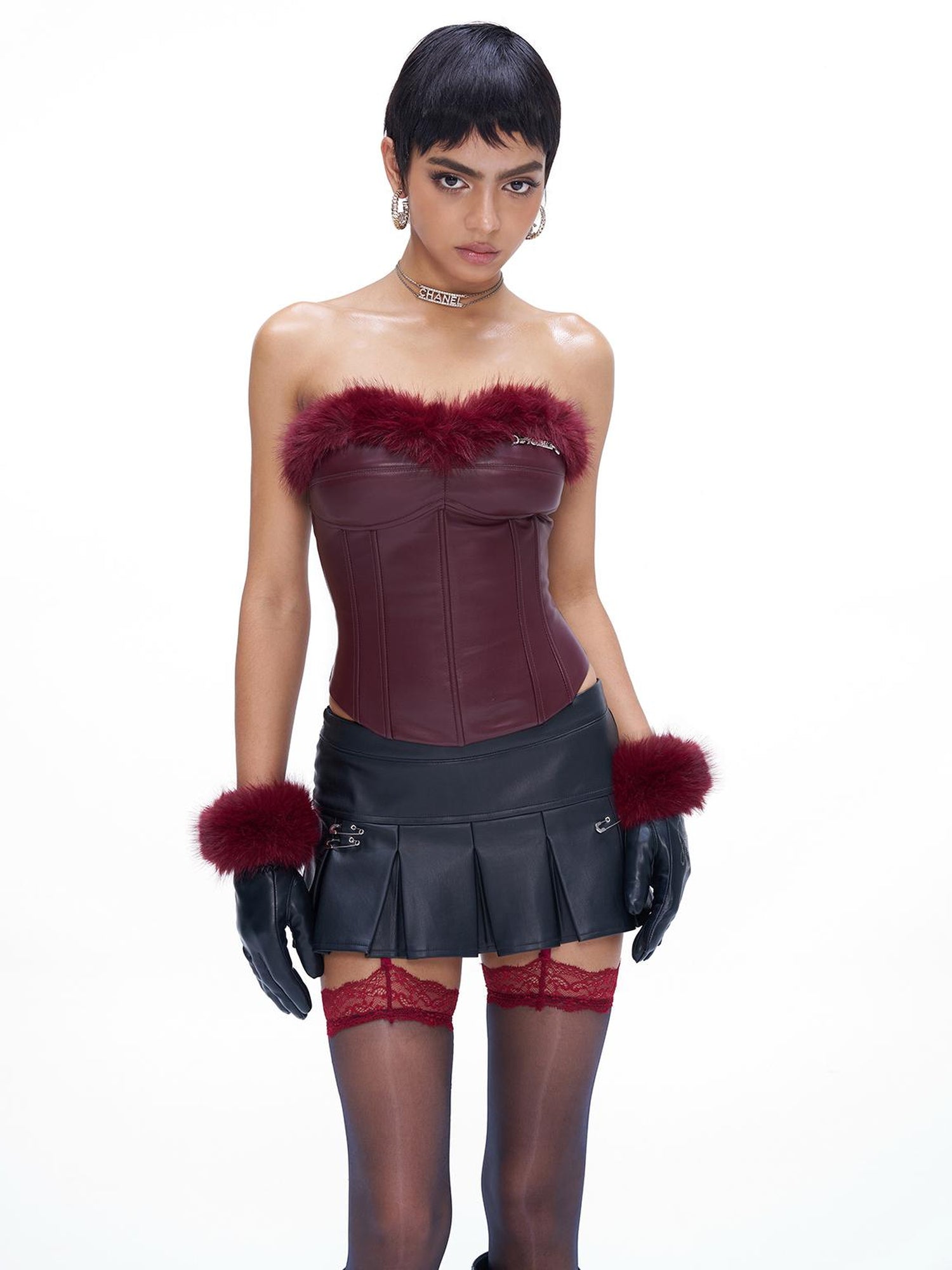 JYOSEI Angora Fishbone Bustier Top With Red And Black Fur Trim