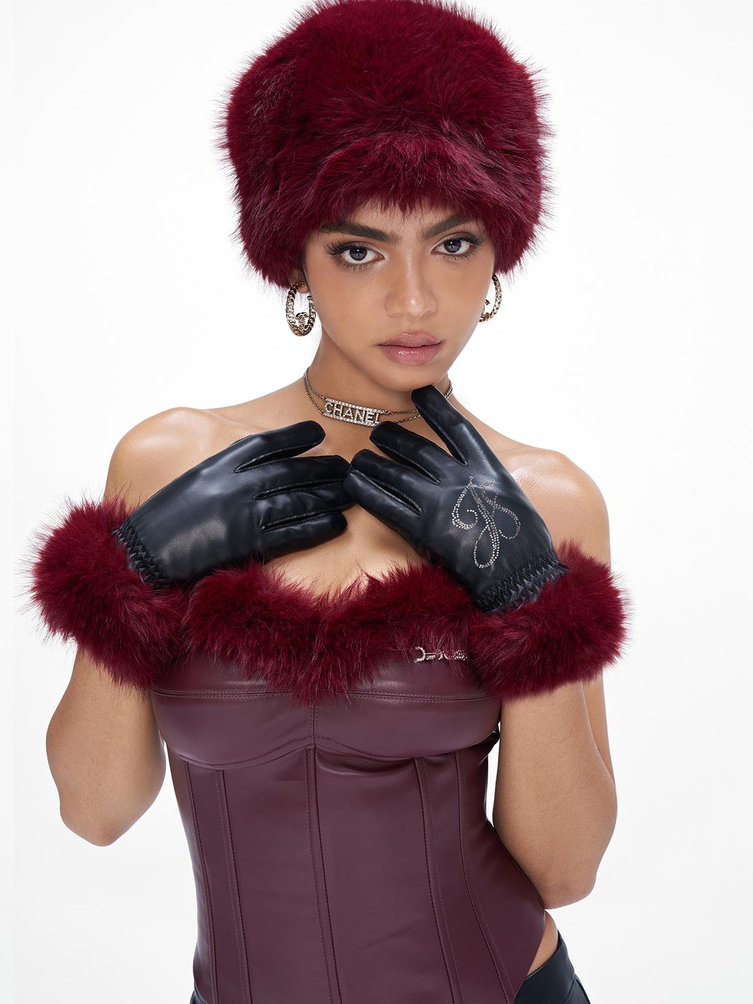 JYOSEI Angora Fishbone Bustier Top With Red And Black Fur Trim