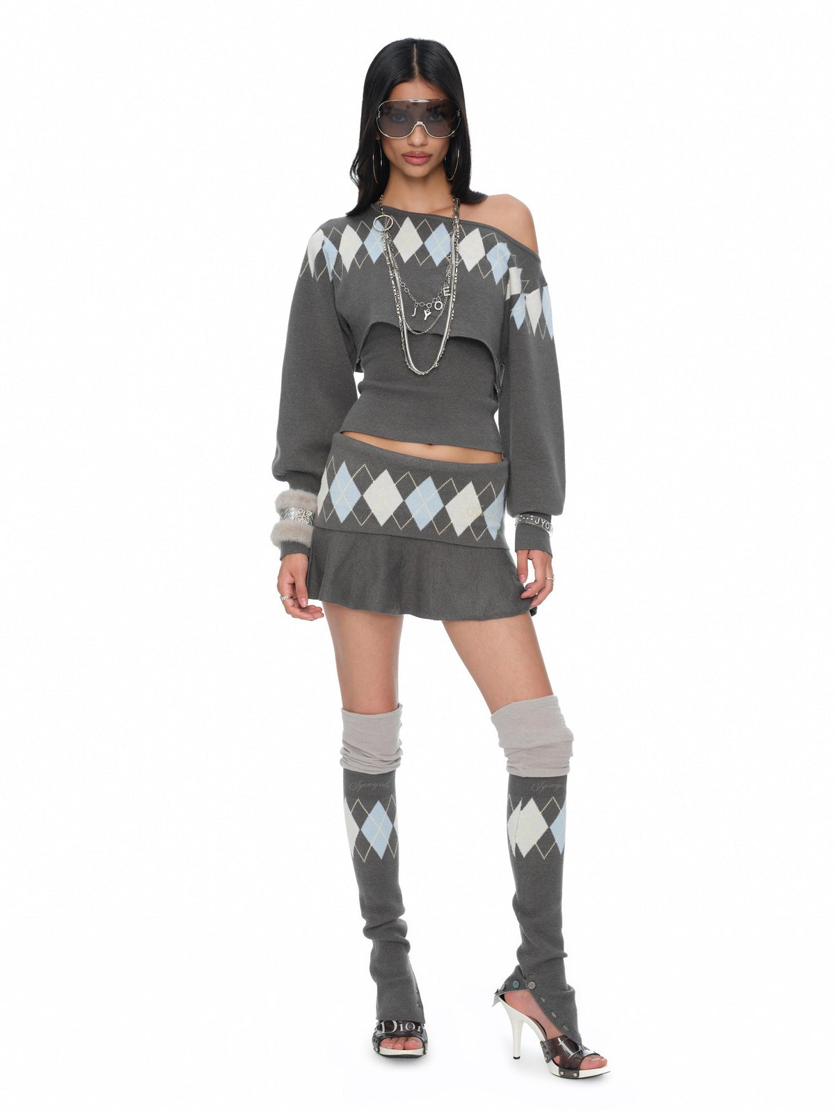 JYOSEI Argyle Embroidered Grey Knit Corset Pleated Skirt Women&