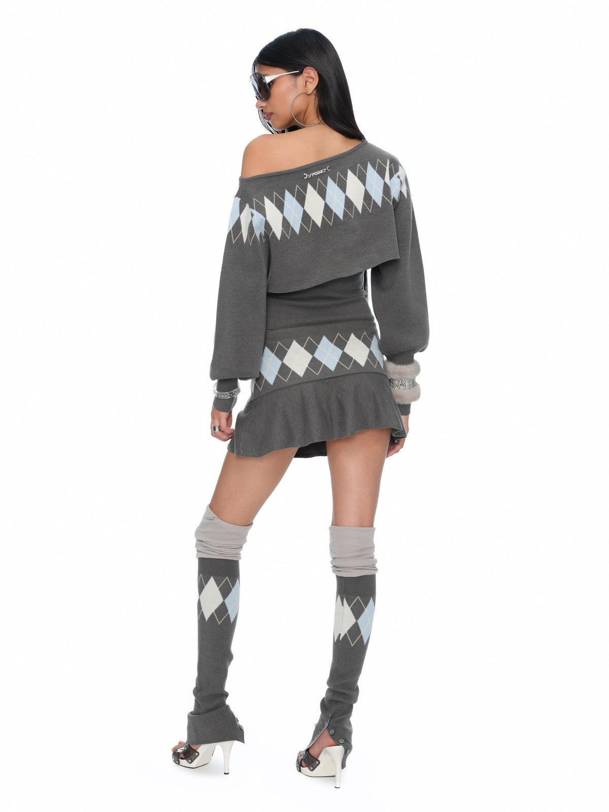 JYOSEI Argyle Embroidered Grey Knit Corset Pleated Skirt Women&
