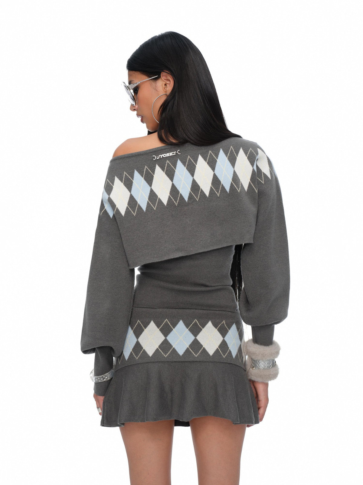 JYOSEI Argyle Embroidered Grey Knit Corset Pleated Skirt Women&
