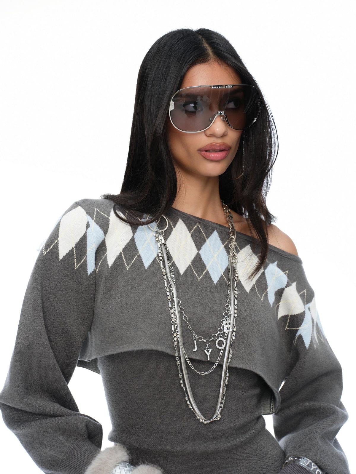 JYOSEI Argyle Embroidered Grey Knit Corset Pleated Skirt Women&