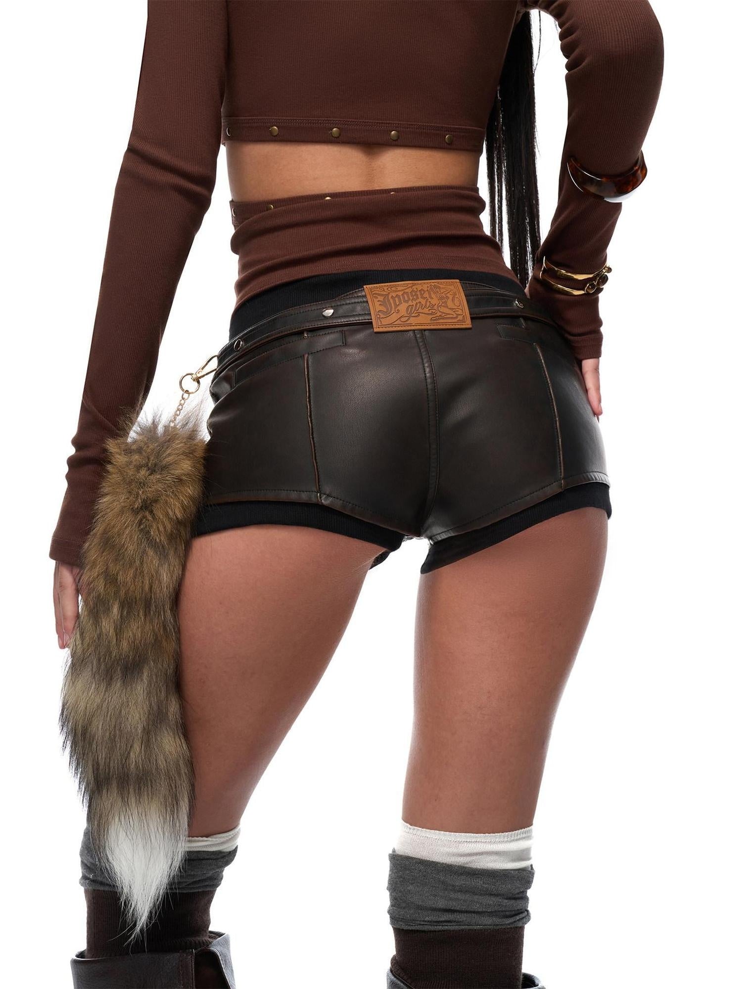 JYOSEI Asymmetric Distressed Low Waist Slim Pu Washed Black Brown Casual Shorts