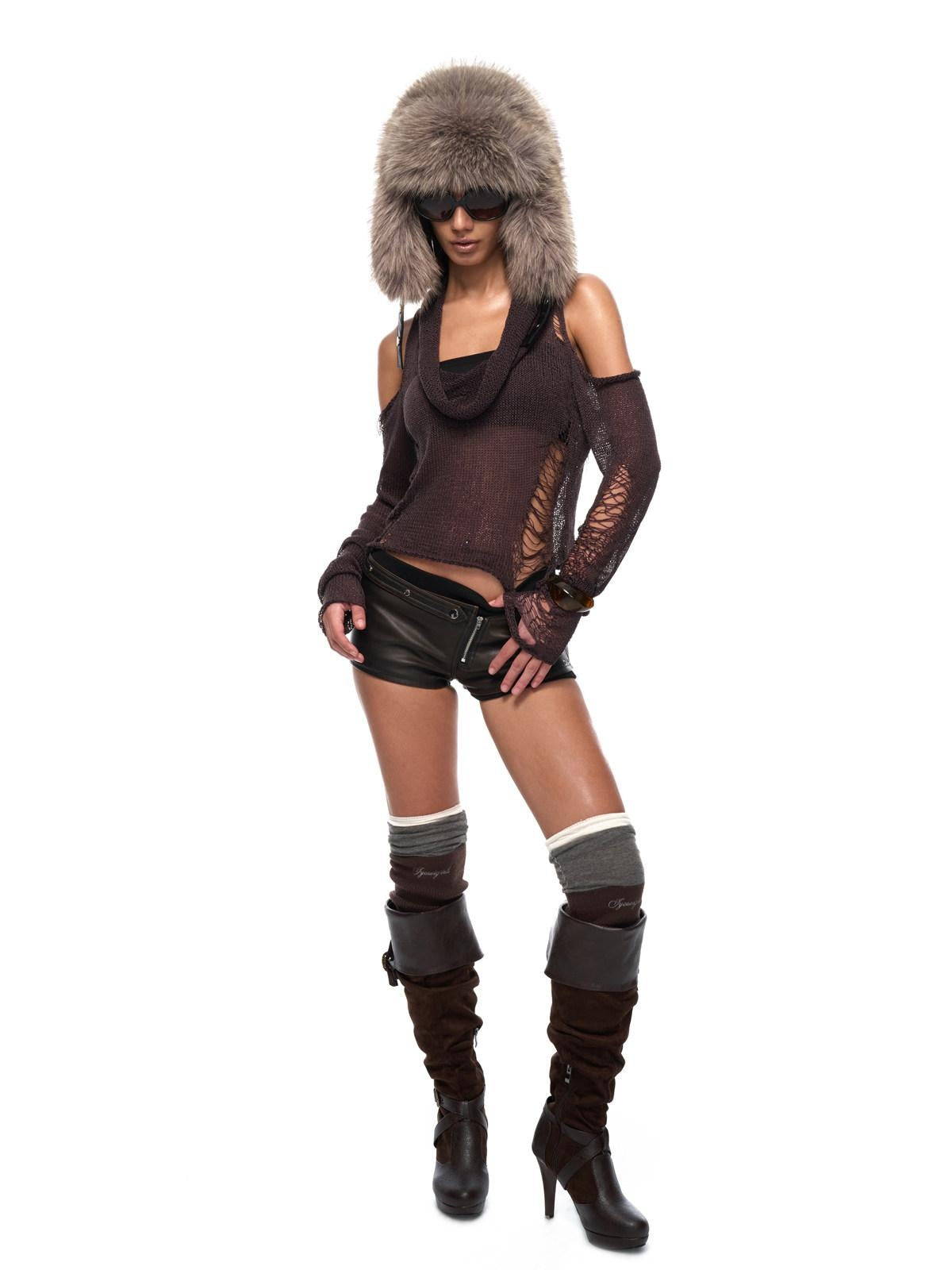 JYOSEI Asymmetric Distressed Low Waist Slim Pu Washed Black Brown Casual Shorts