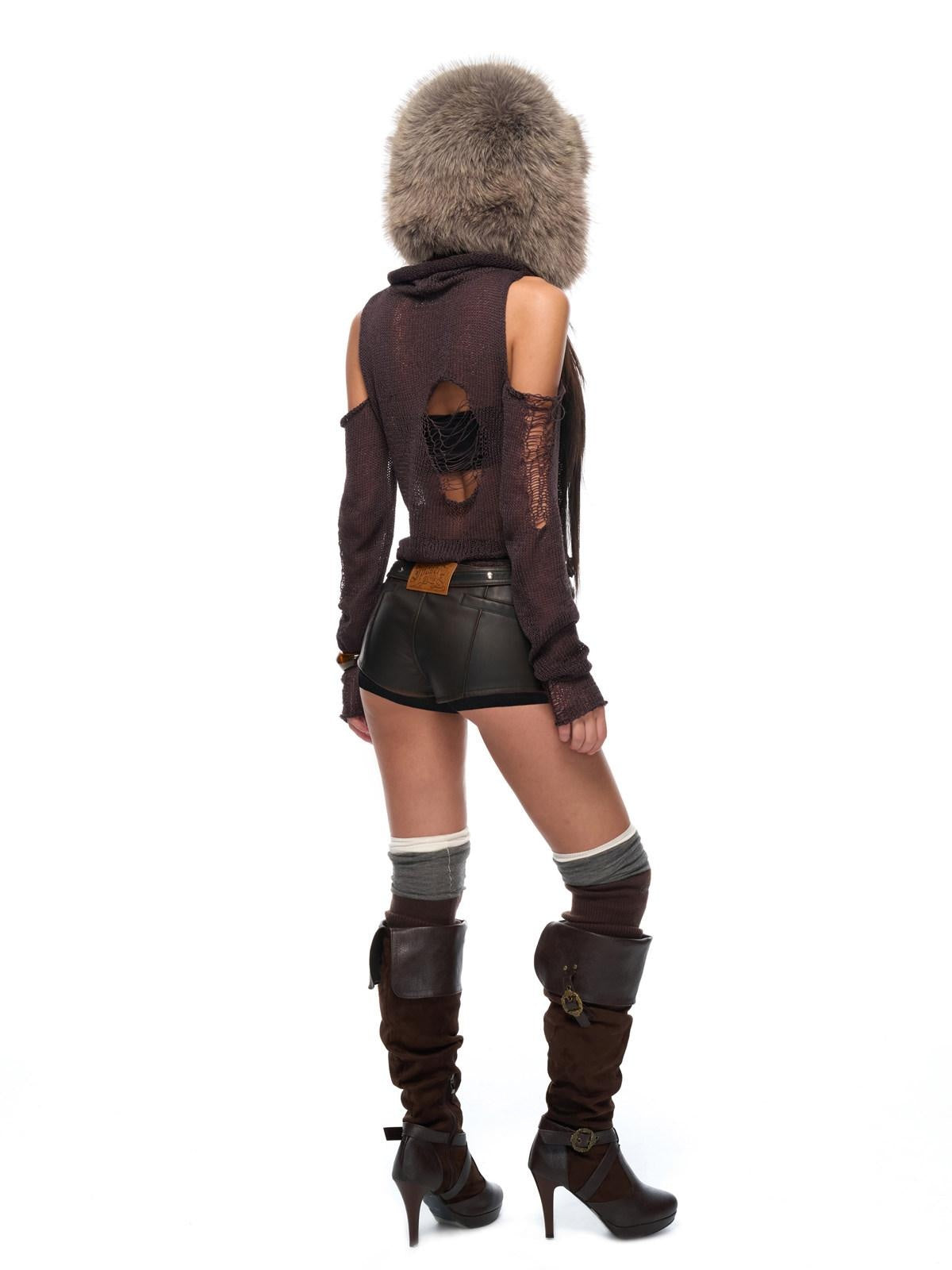 JYOSEI Asymmetric Distressed Low Waist Slim Pu Washed Black Brown Casual Shorts