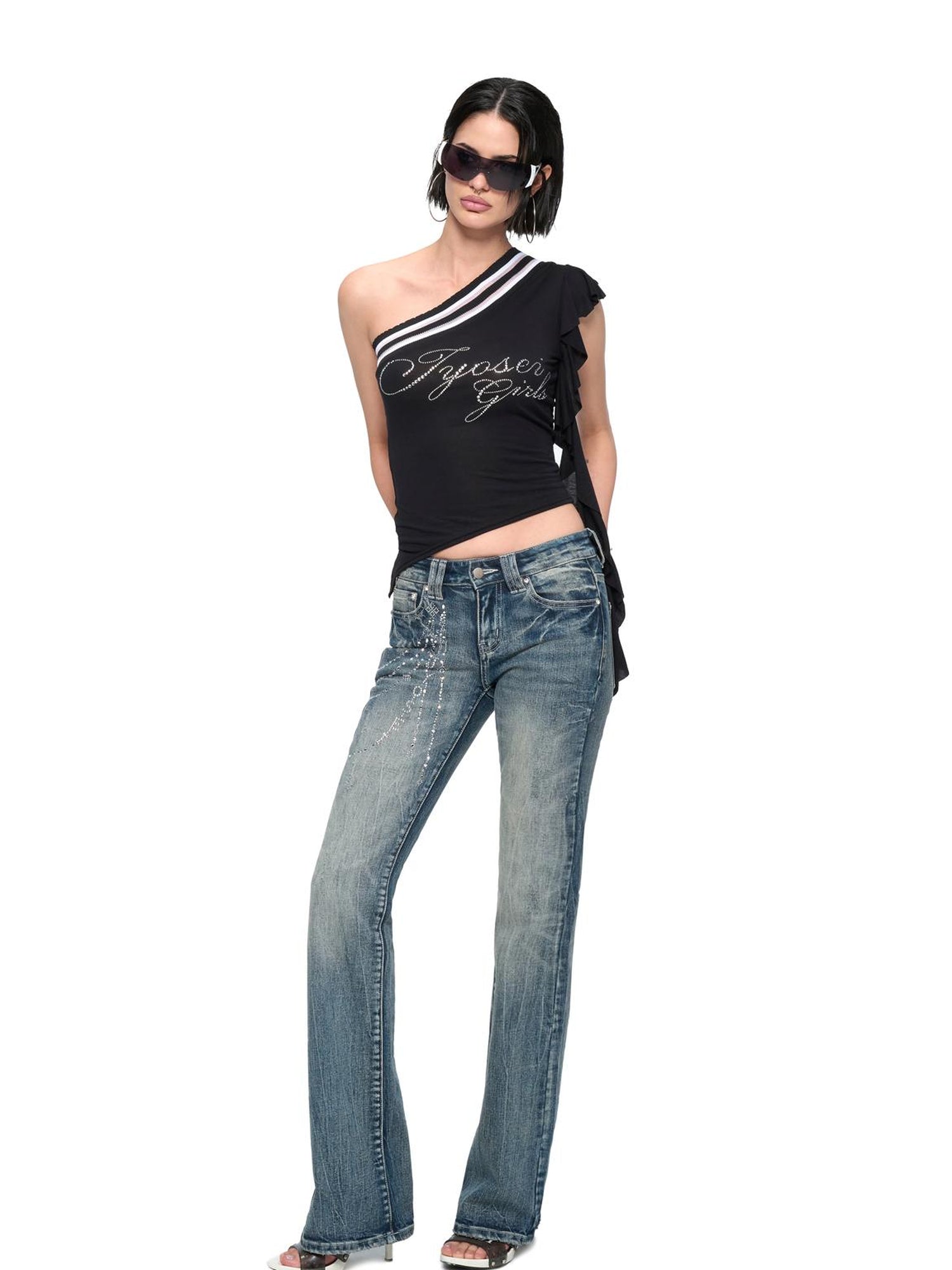 JYOSEI Asymmetric Rhinestone Hem Flutter Sleeve T Shirt