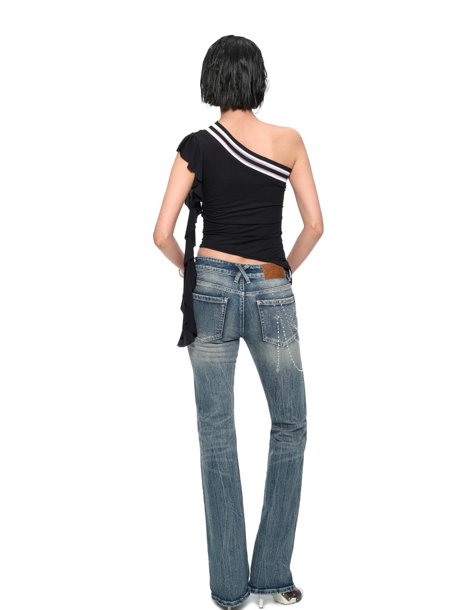 JYOSEI Asymmetric Rhinestone Hem Flutter Sleeve T Shirt