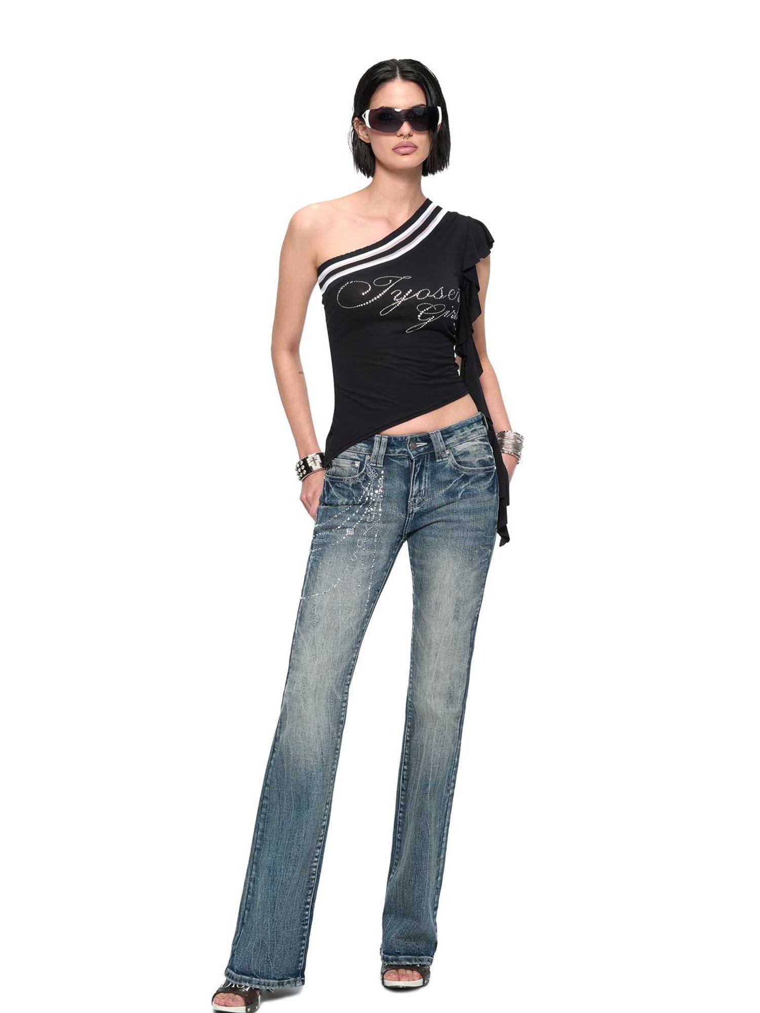 JYOSEI Asymmetric Rhinestone Hem Flutter Sleeve T Shirt