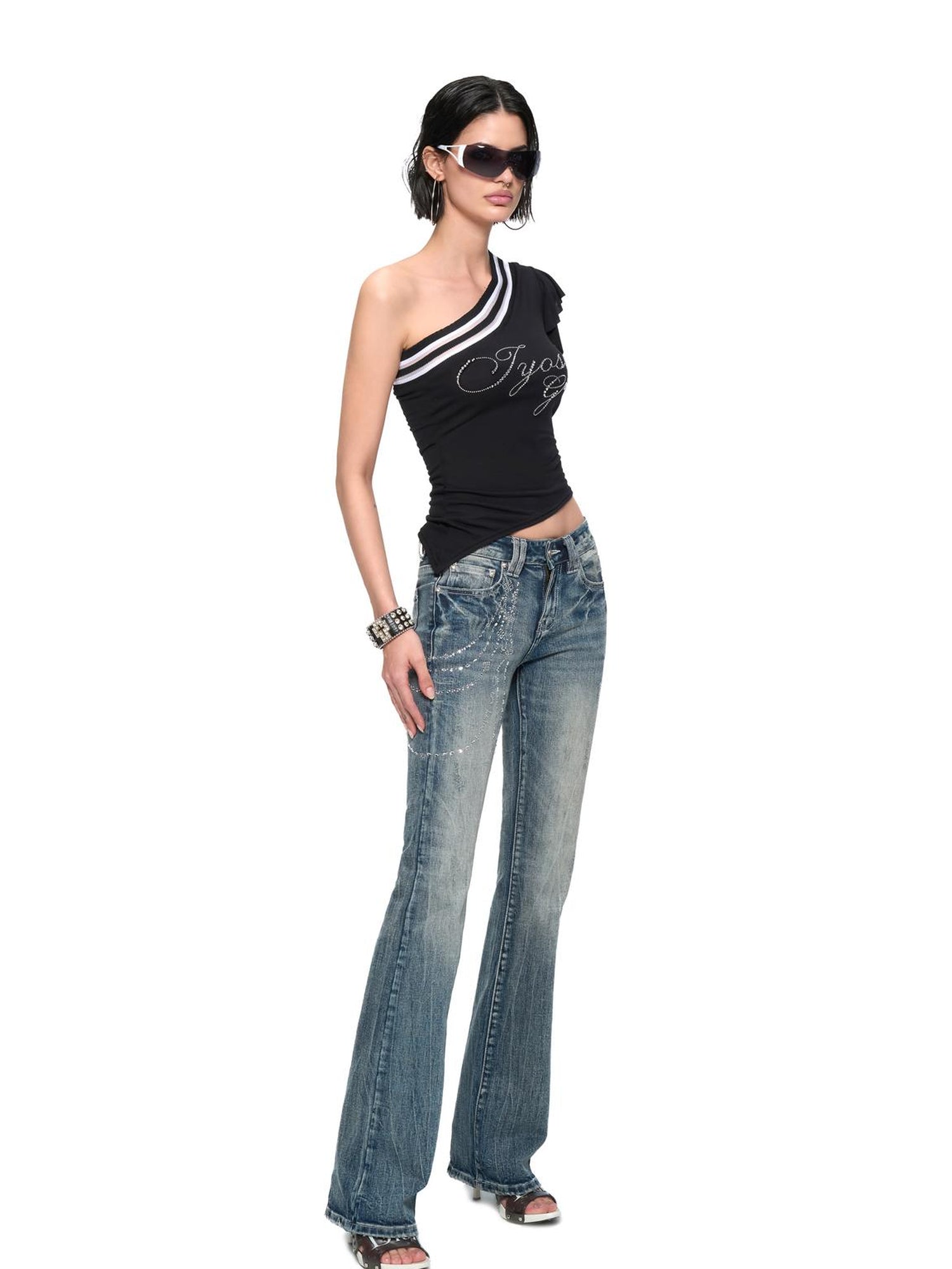 JYOSEI Asymmetric Rhinestone Hem Flutter Sleeve T Shirt