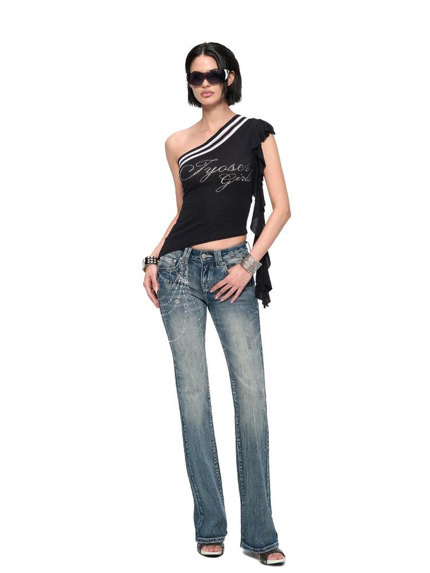 JYOSEI Asymmetric Rhinestone Hem Flutter Sleeve T Shirt