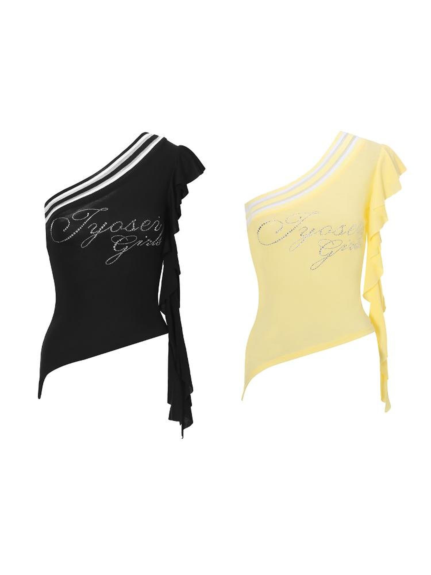 JYOSEI Asymmetric Rhinestone Hem Flutter Sleeve T Shirt