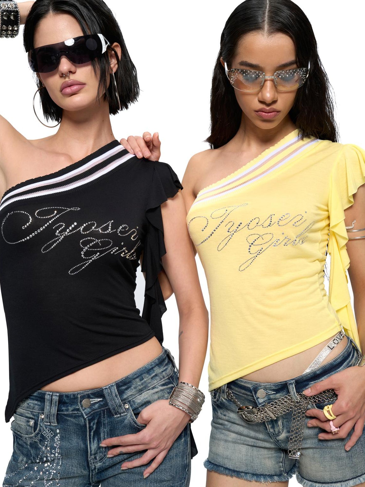 JYOSEI Asymmetric Rhinestone Hem Flutter Sleeve T Shirt