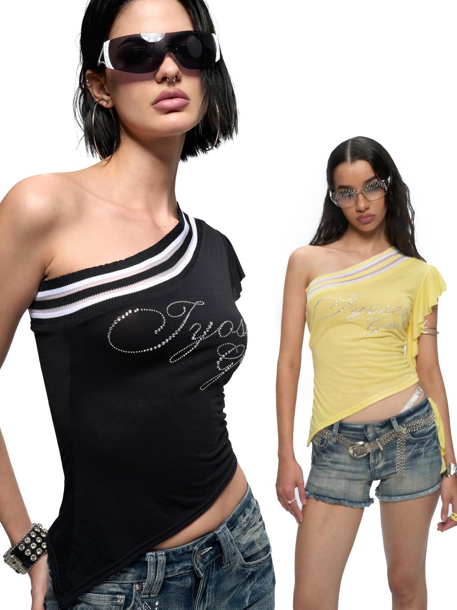 JYOSEI Asymmetric Rhinestone Hem Flutter Sleeve T Shirt