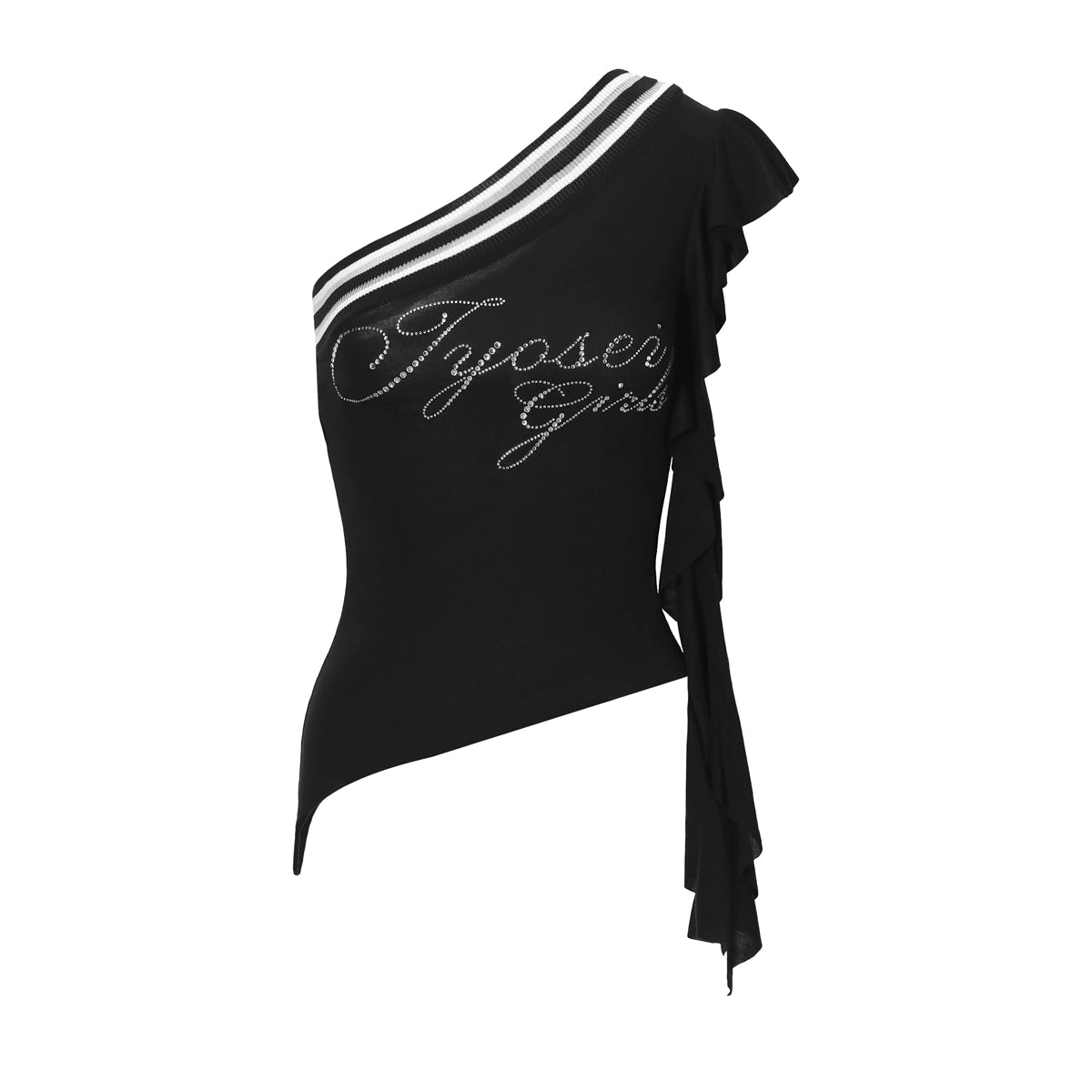 JYOSEI_Asymmetric_Rhinestone_Hem_Flutter_Sleeve_T_Shirt_MISSTT