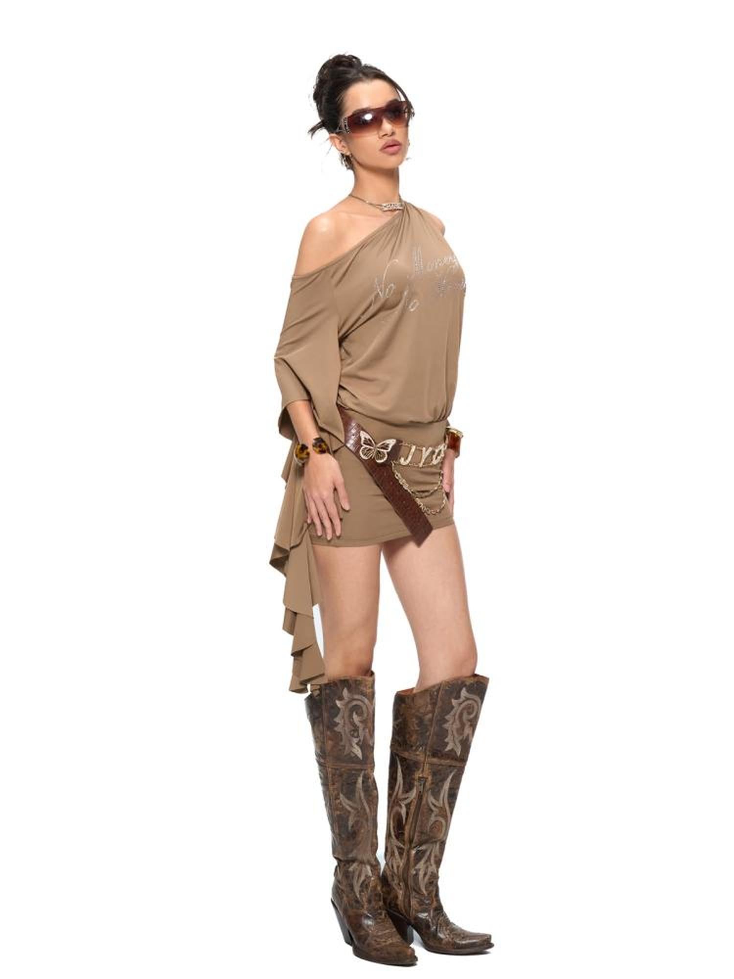 JYOSEI Asymmetric Sleeve Slip Dress with Rhinestone Detail