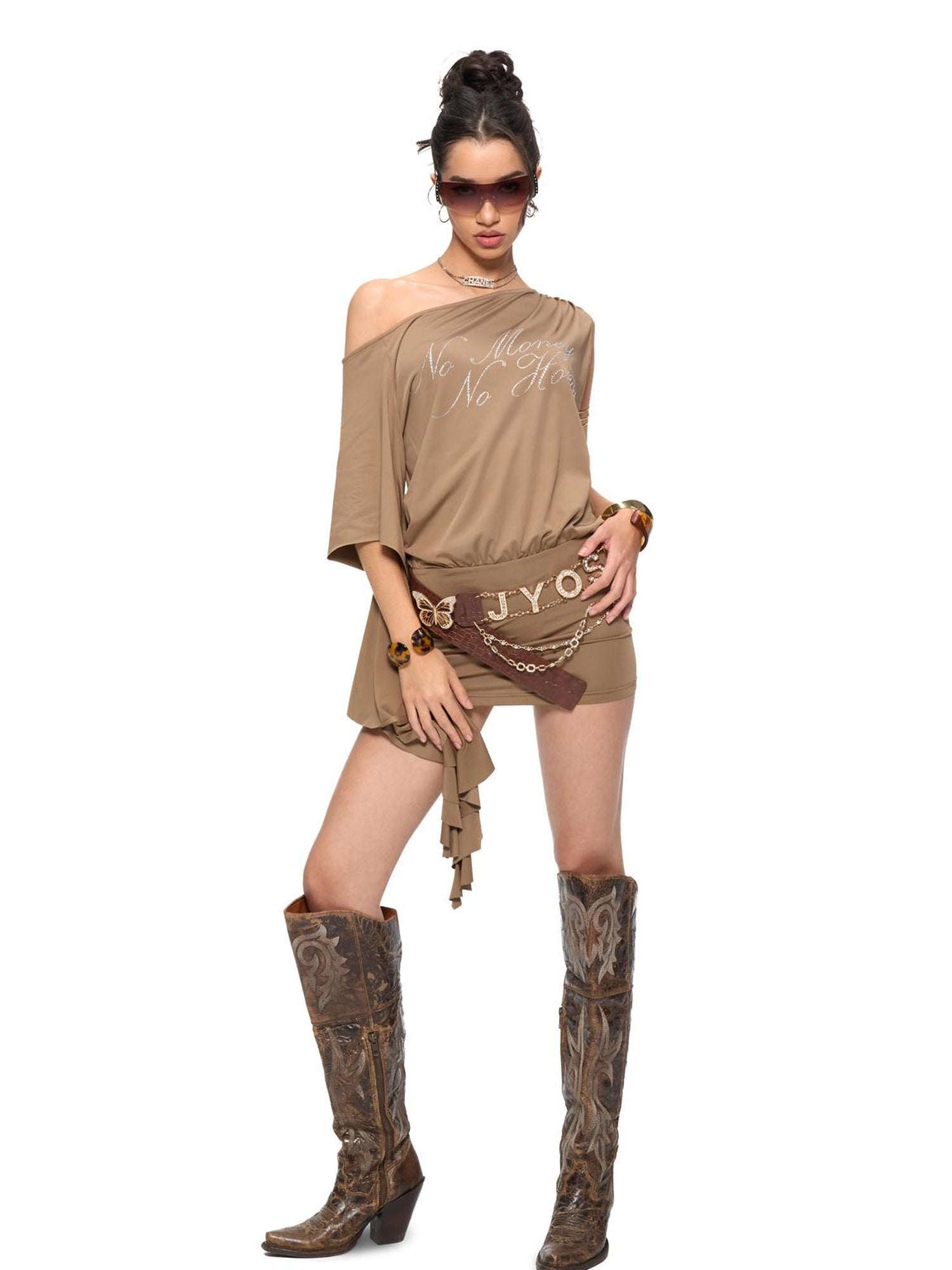 JYOSEI Asymmetric Sleeve Slip Dress with Rhinestone Detail