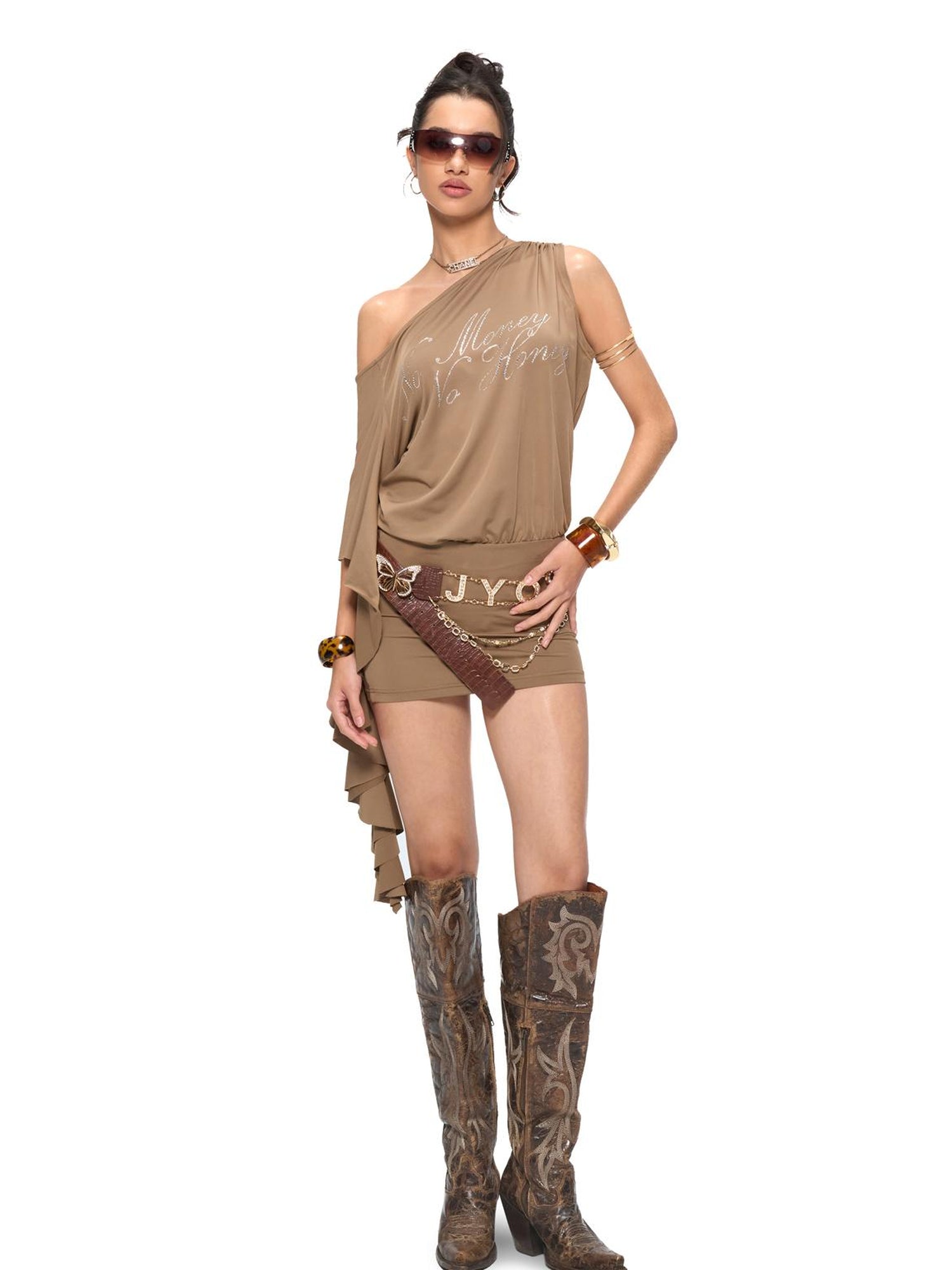 JYOSEI Asymmetric Sleeve Slip Dress with Rhinestone Detail