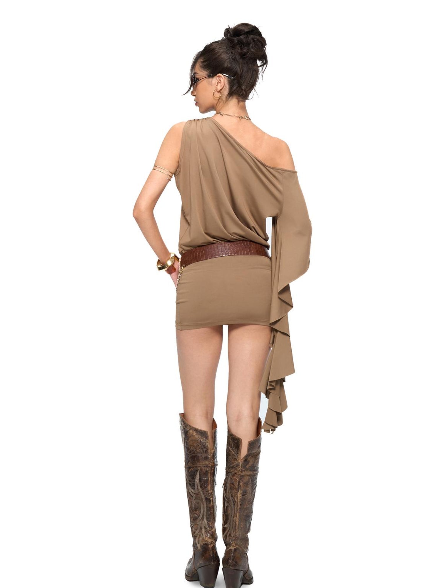 JYOSEI Asymmetric Sleeve Slip Dress with Rhinestone Detail