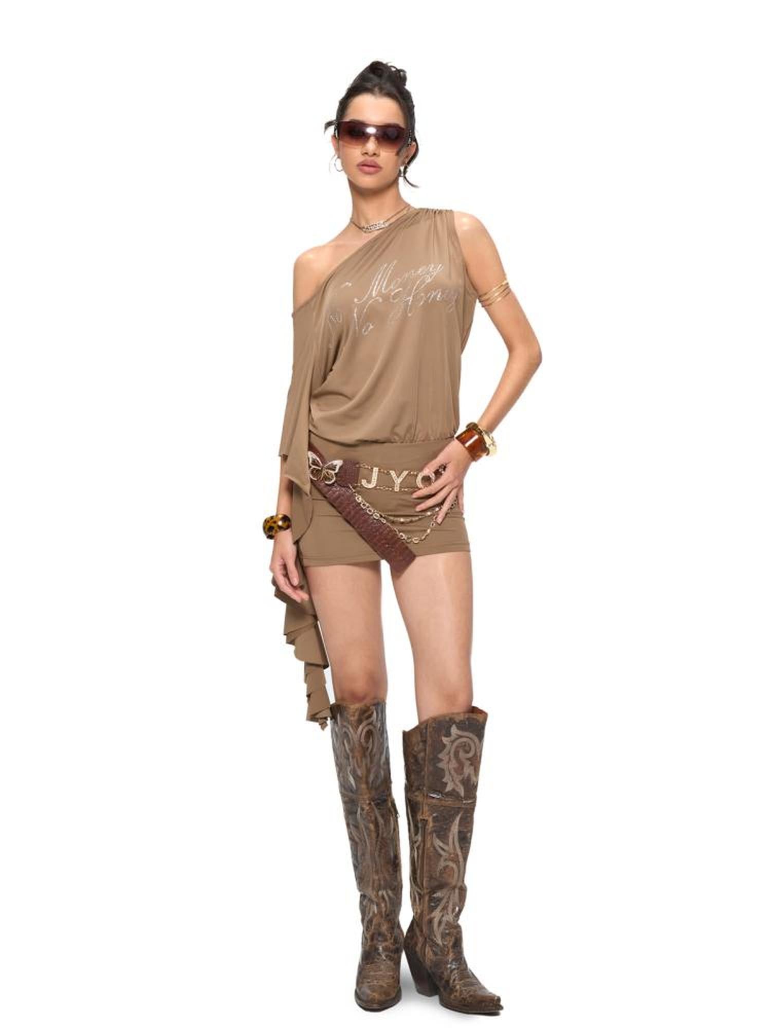 JYOSEI Asymmetric Sleeve Slip Dress with Rhinestone Detail