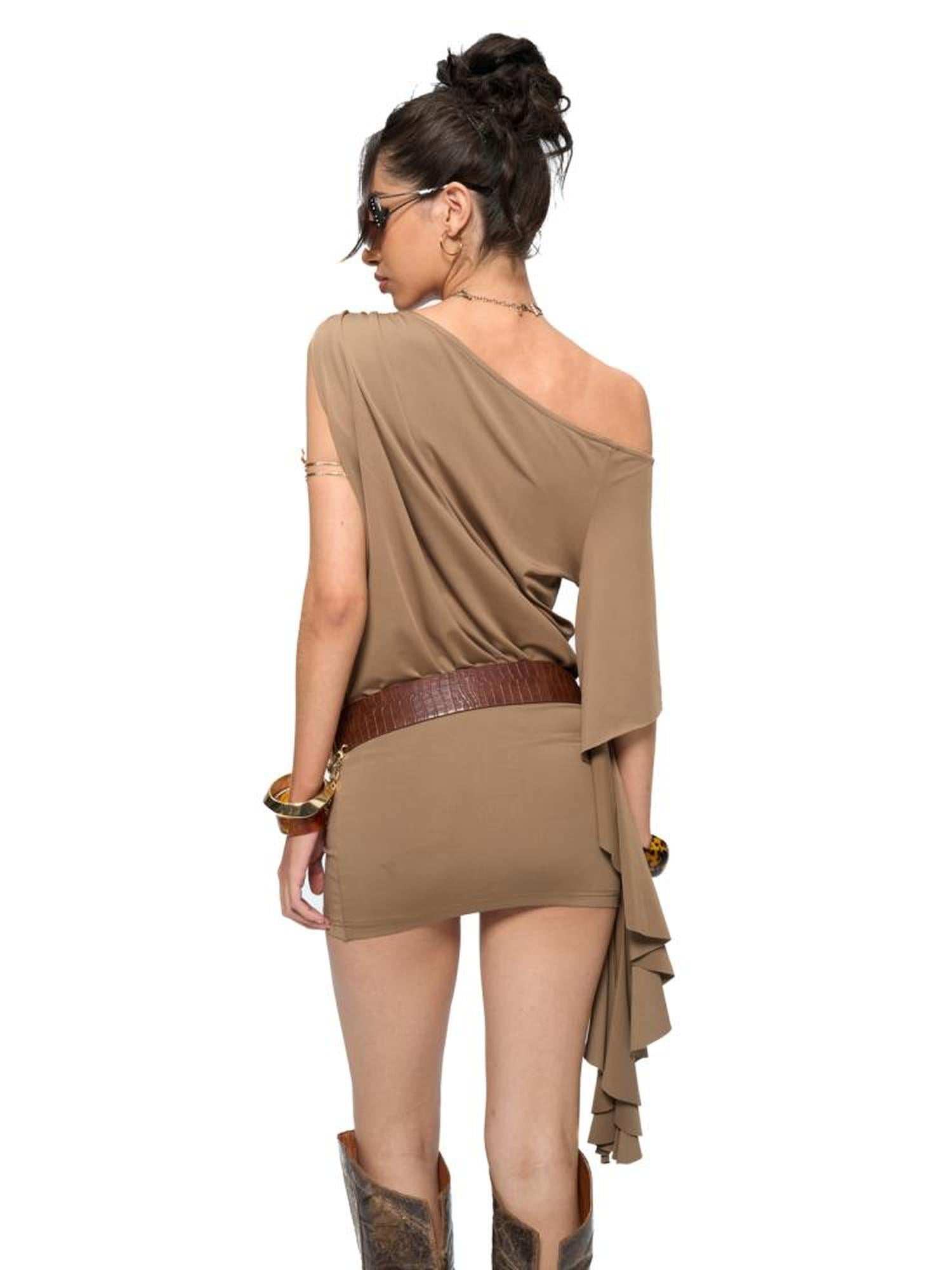 JYOSEI Asymmetric Sleeve Slip Dress with Rhinestone Detail