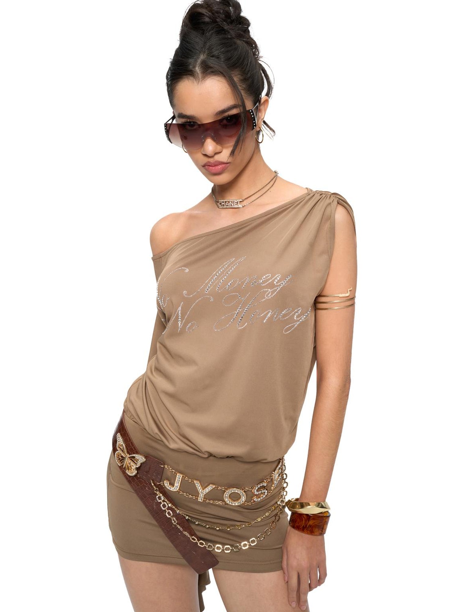 JYOSEI Asymmetric Sleeve Slip Dress with Rhinestone Detail