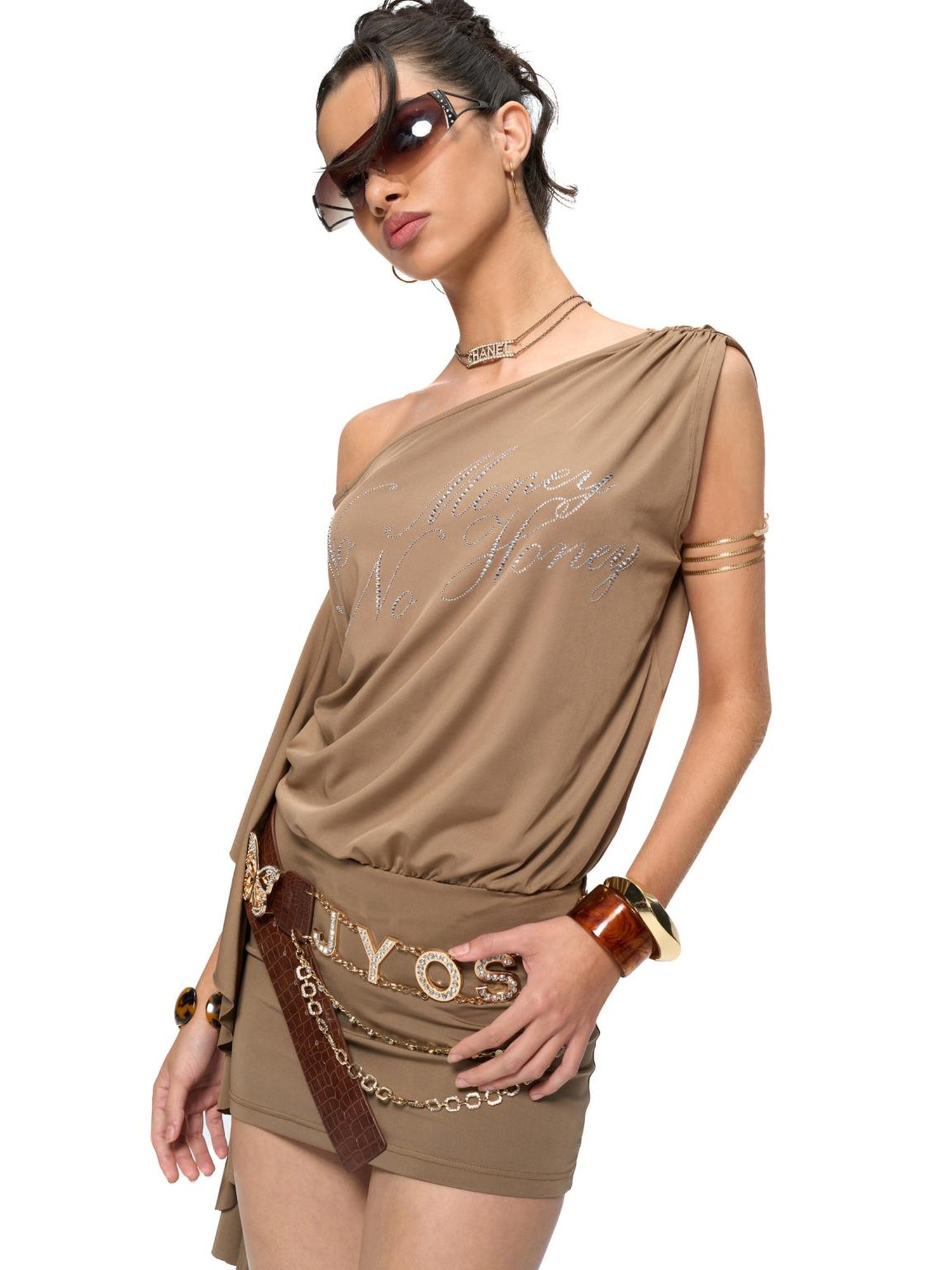 JYOSEI Asymmetric Sleeve Slip Dress with Rhinestone Detail