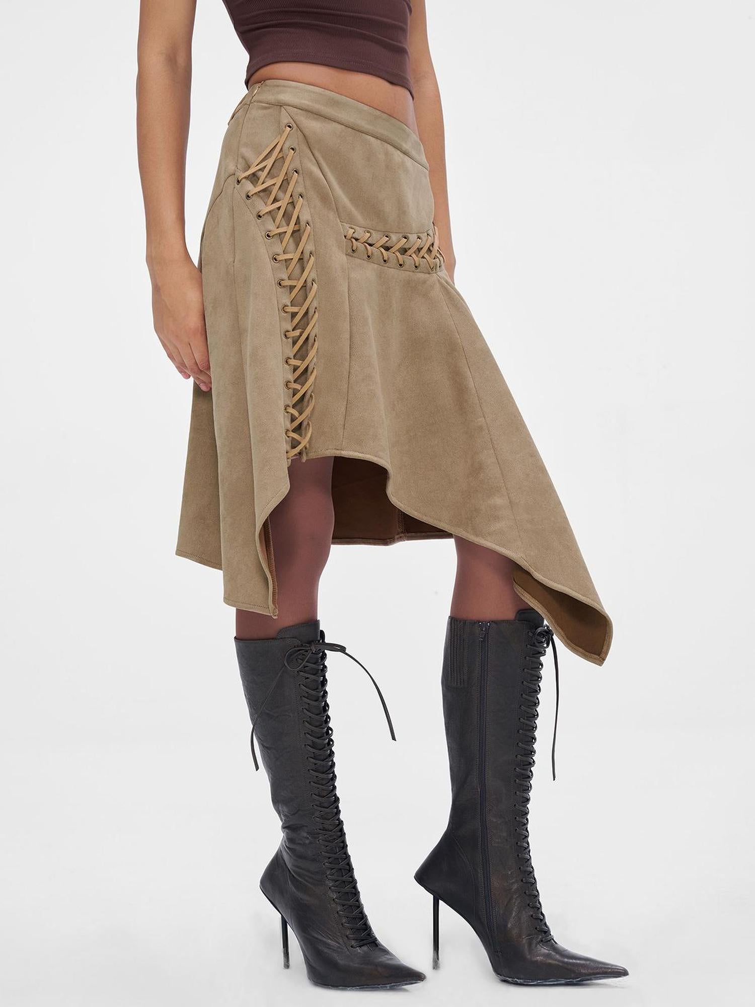 JYOSEI Asymmetric Suede Lace Up Midi Skirt In Light Brown