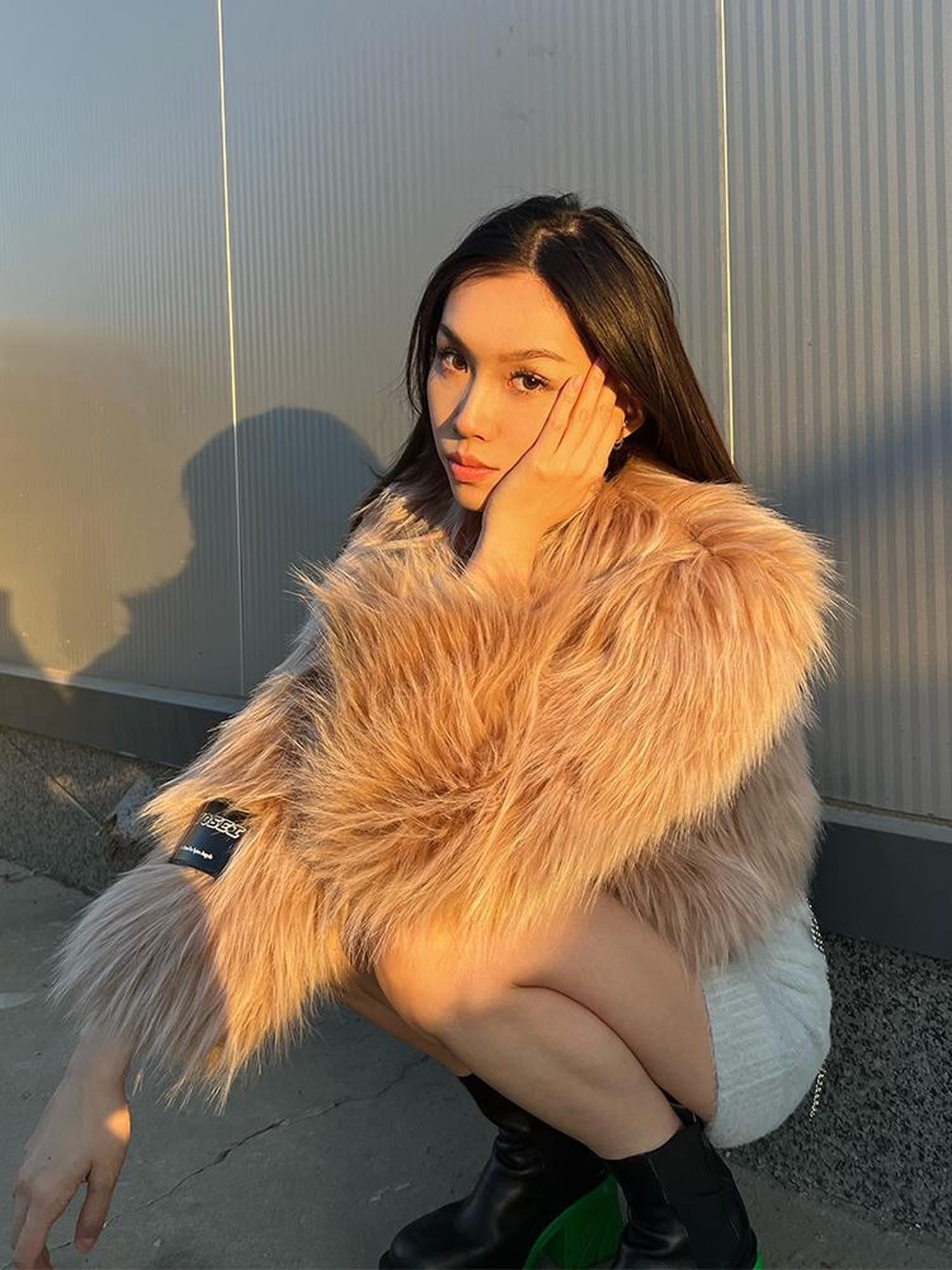 JYOSEI Avocado Green Faux Fur Cropped Winter Coat