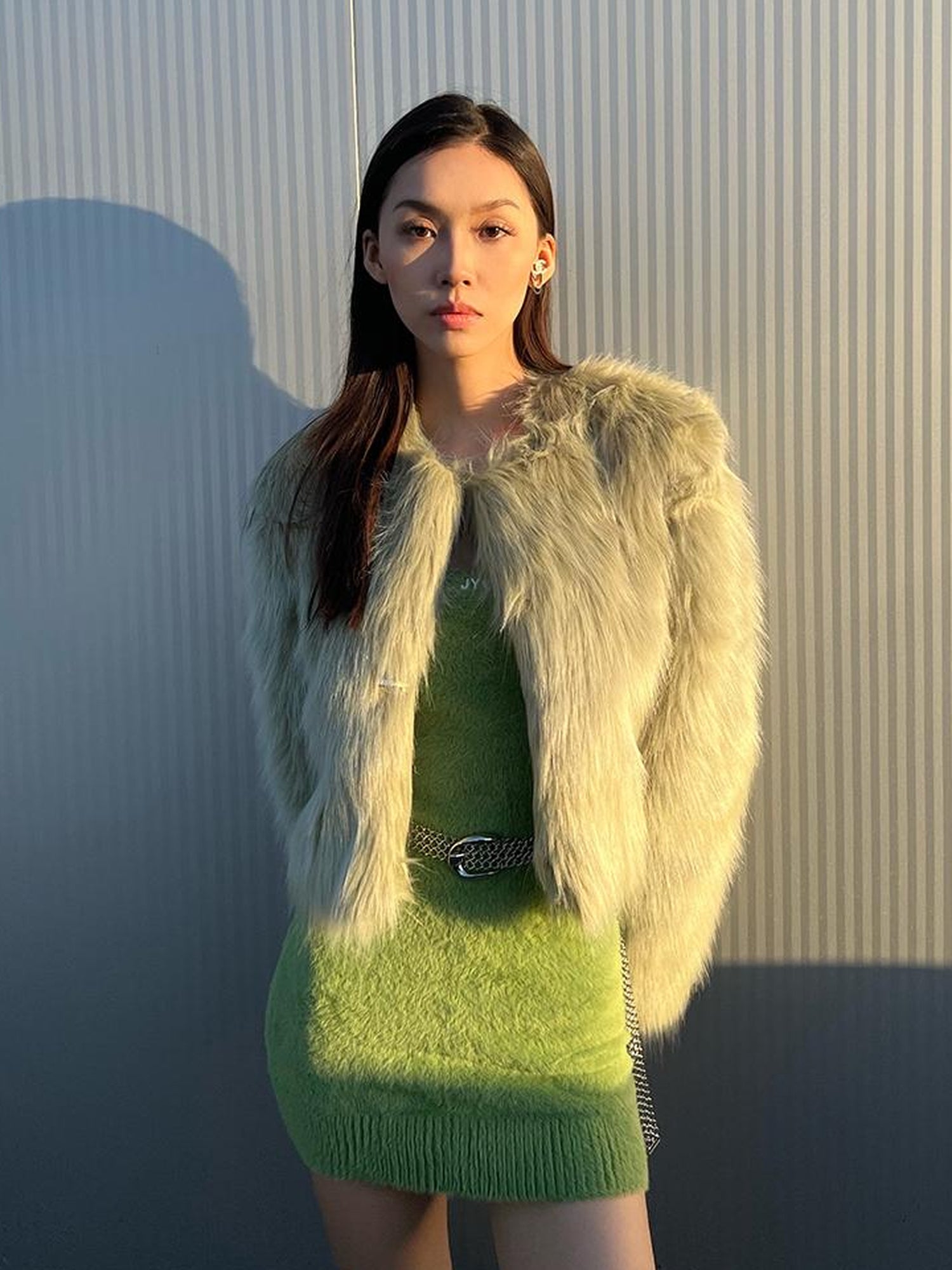 JYOSEI Avocado Green Faux Fur Cropped Winter Coat