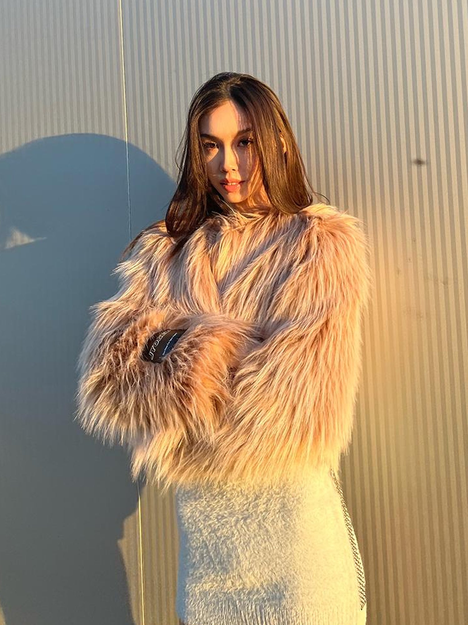 JYOSEI Avocado Green Faux Fur Cropped Winter Coat