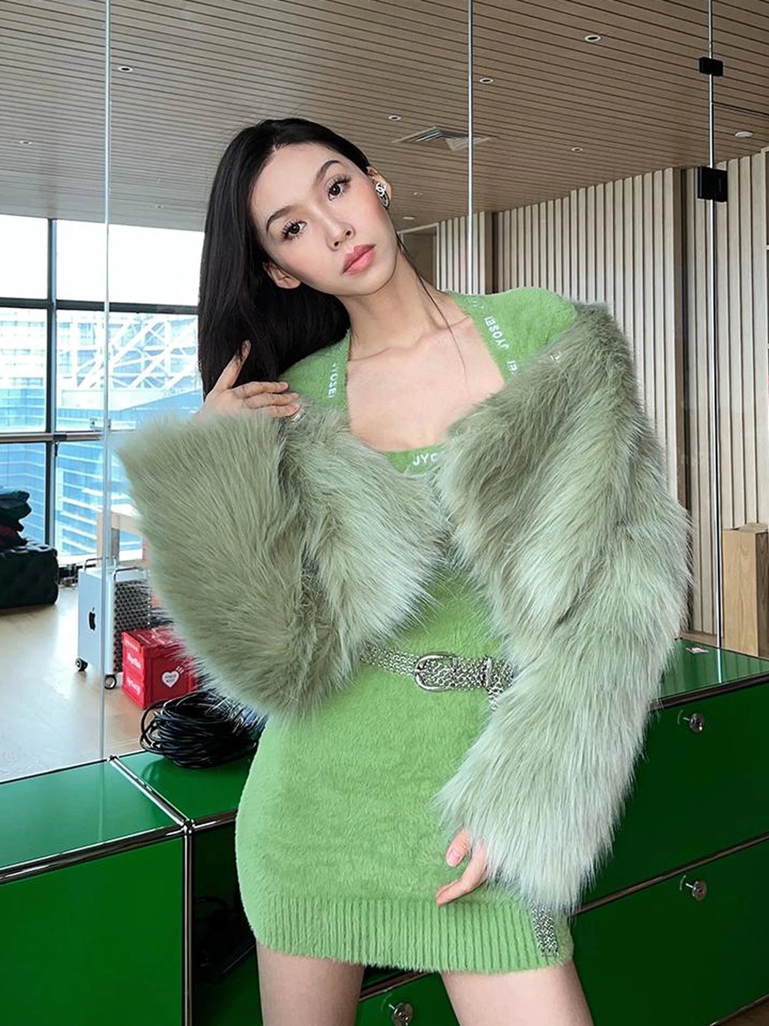Avocado Green Faux Fur Cropped Winter Coat