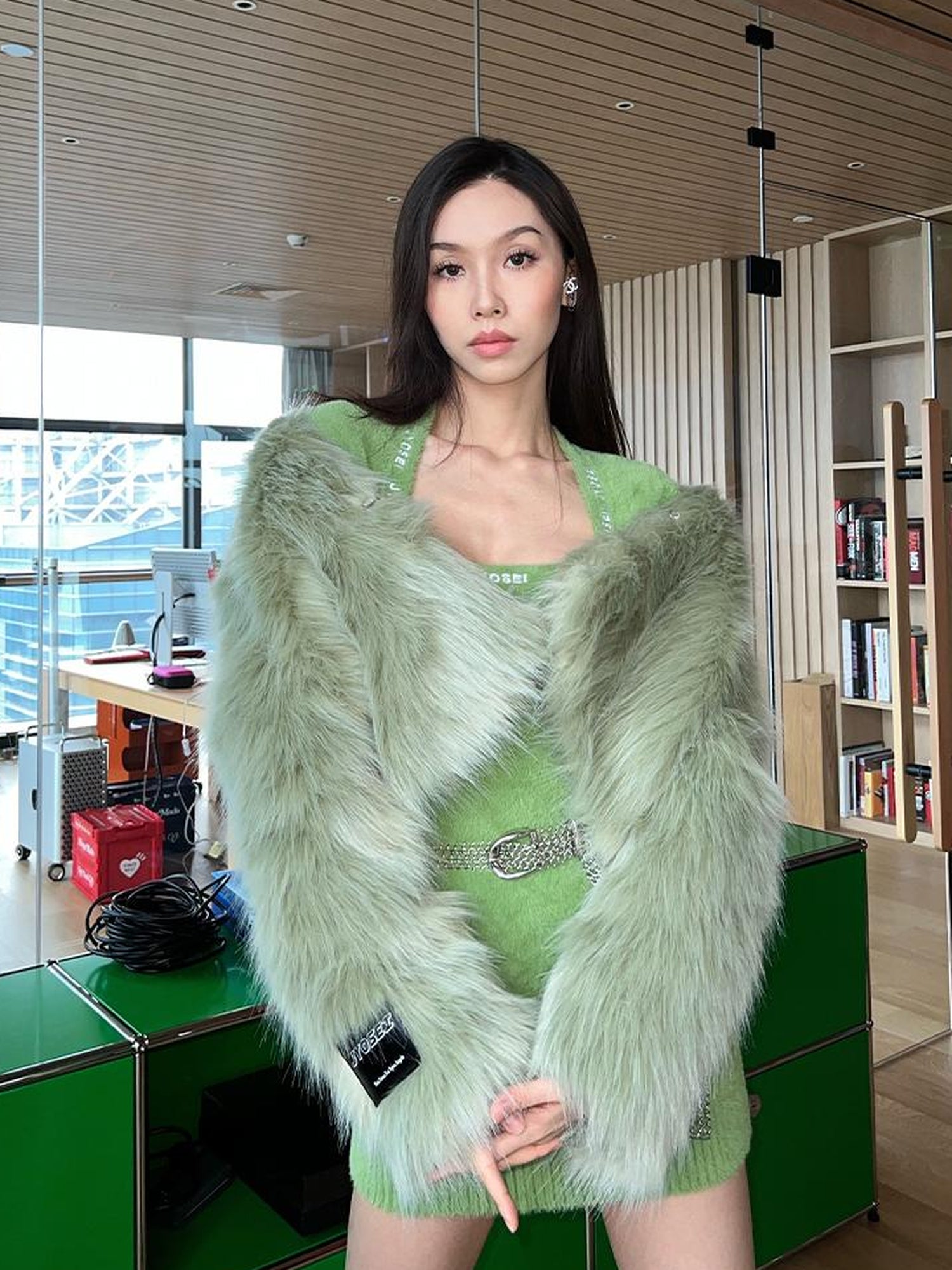 JYOSEI Avocado Green Faux Fur Cropped Winter Coat