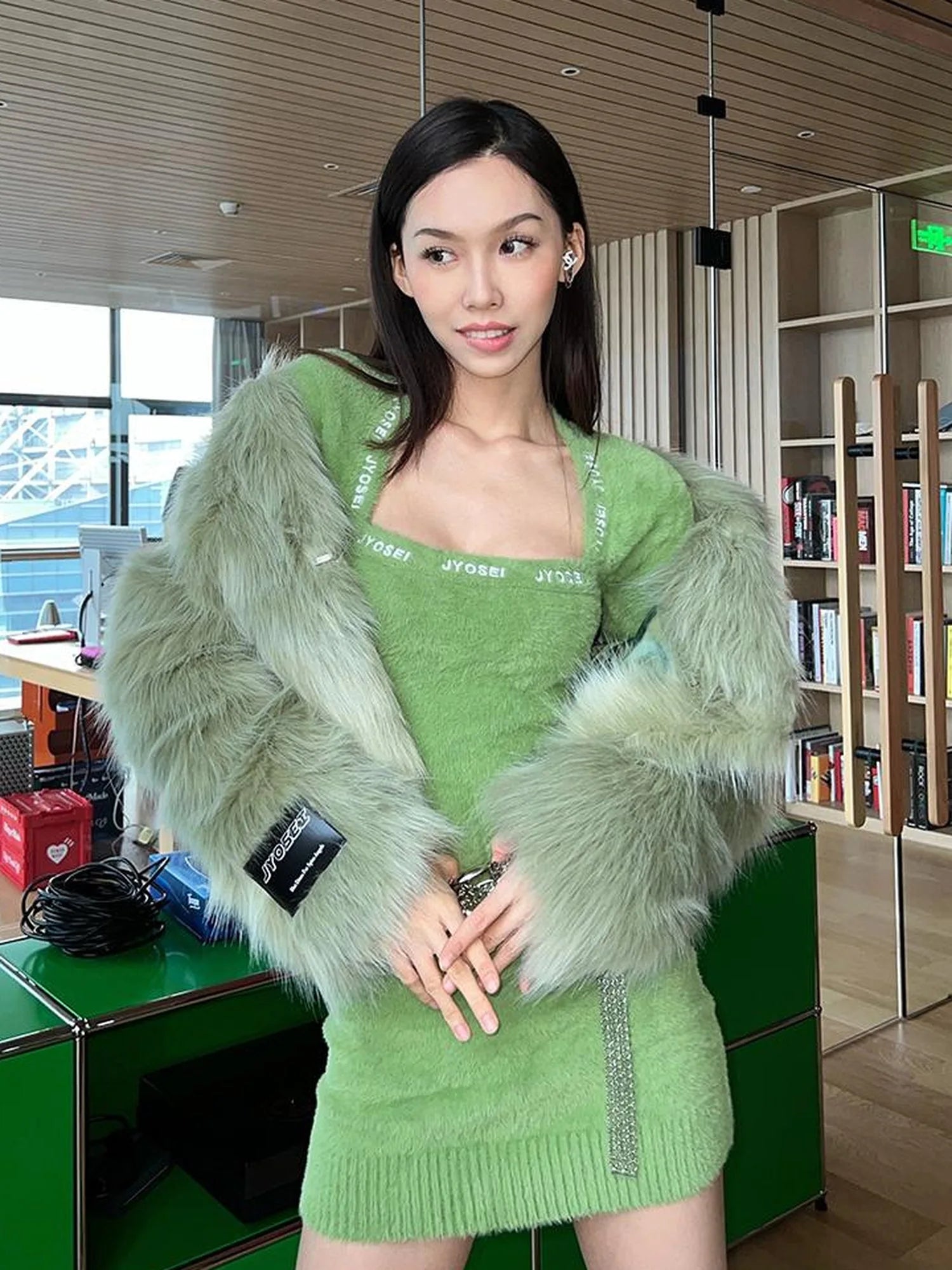Avocado Green Faux Fur Cropped Winter Coat