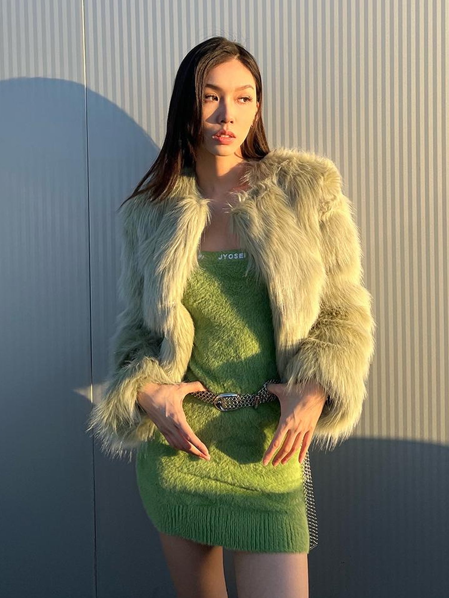 JYOSEI Avocado Green Faux Fur Cropped Winter Coat