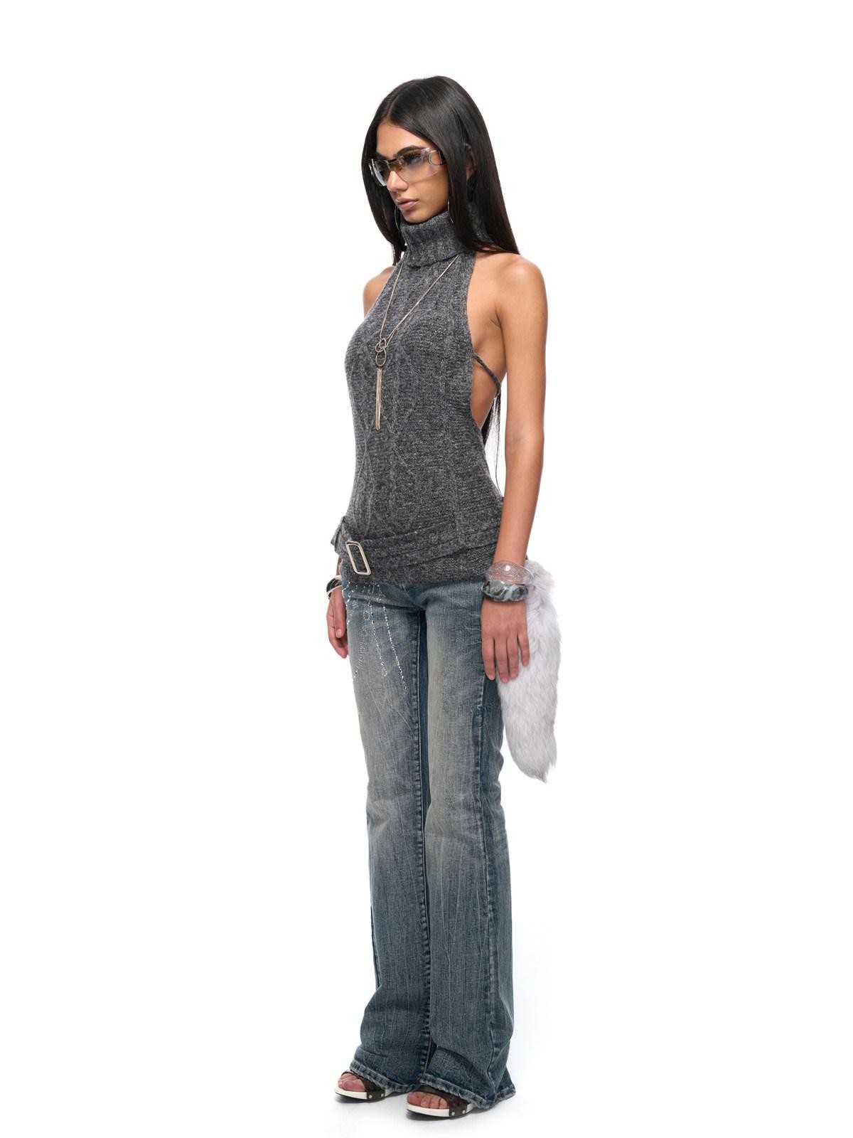 JYOSEI Backless Halter Adjustable Tie Ribbed Turtleneck Women&