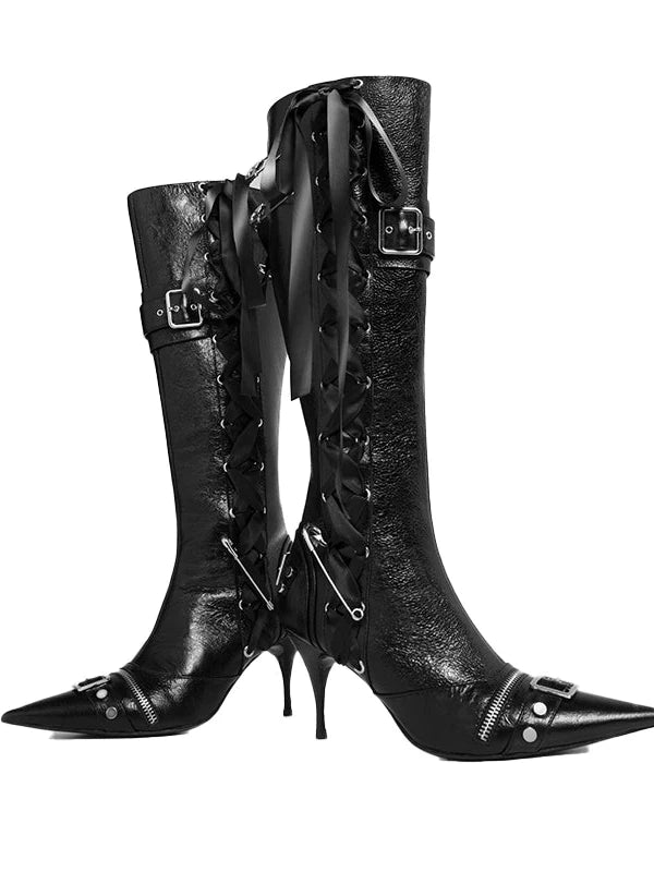 Black Cracked Leather Pointed Toe Lace Up Combat Boots