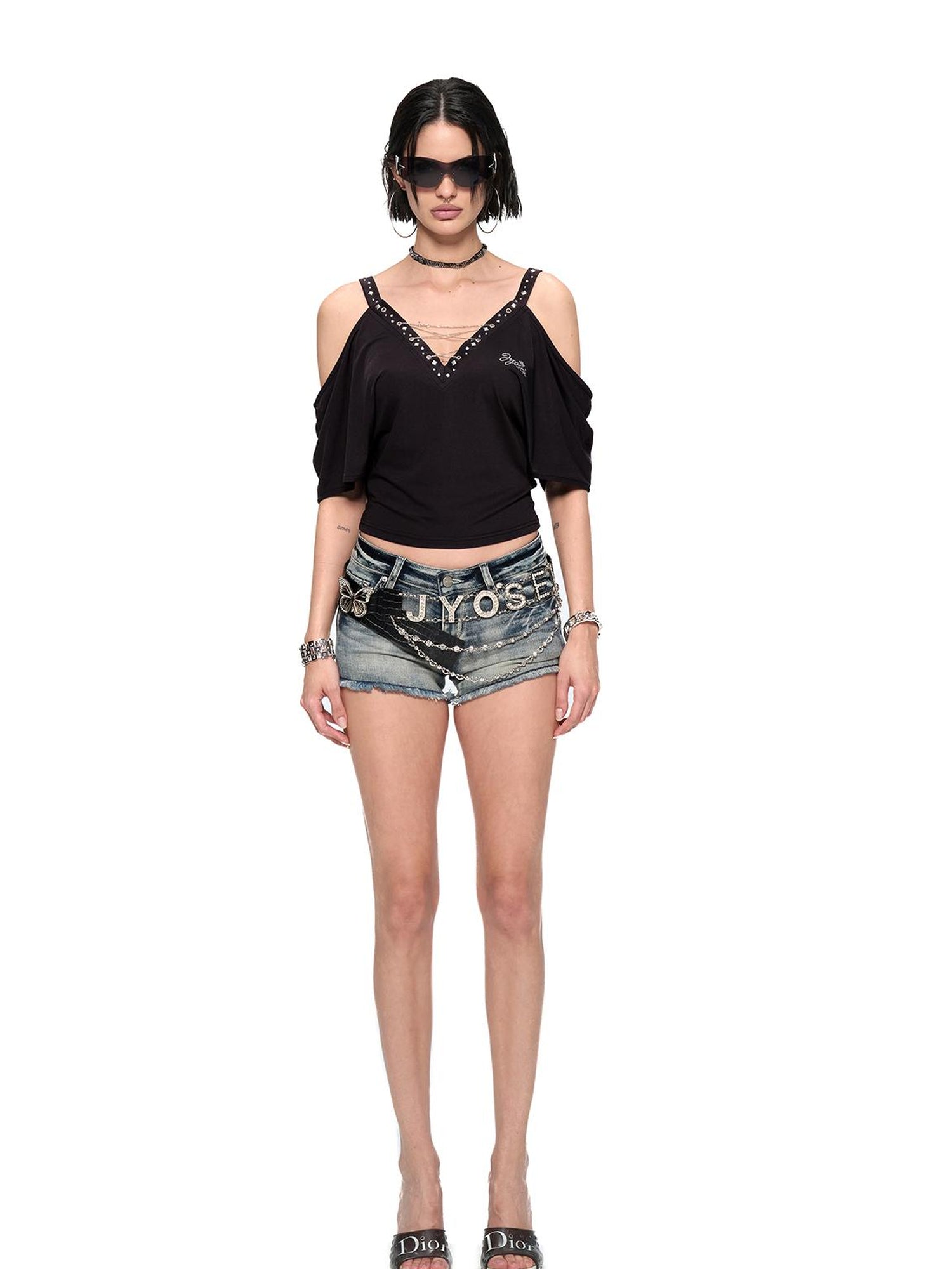 JYOSEI Black Cutout Shoulder V-Neck Batwing Sleeve Top with Studs